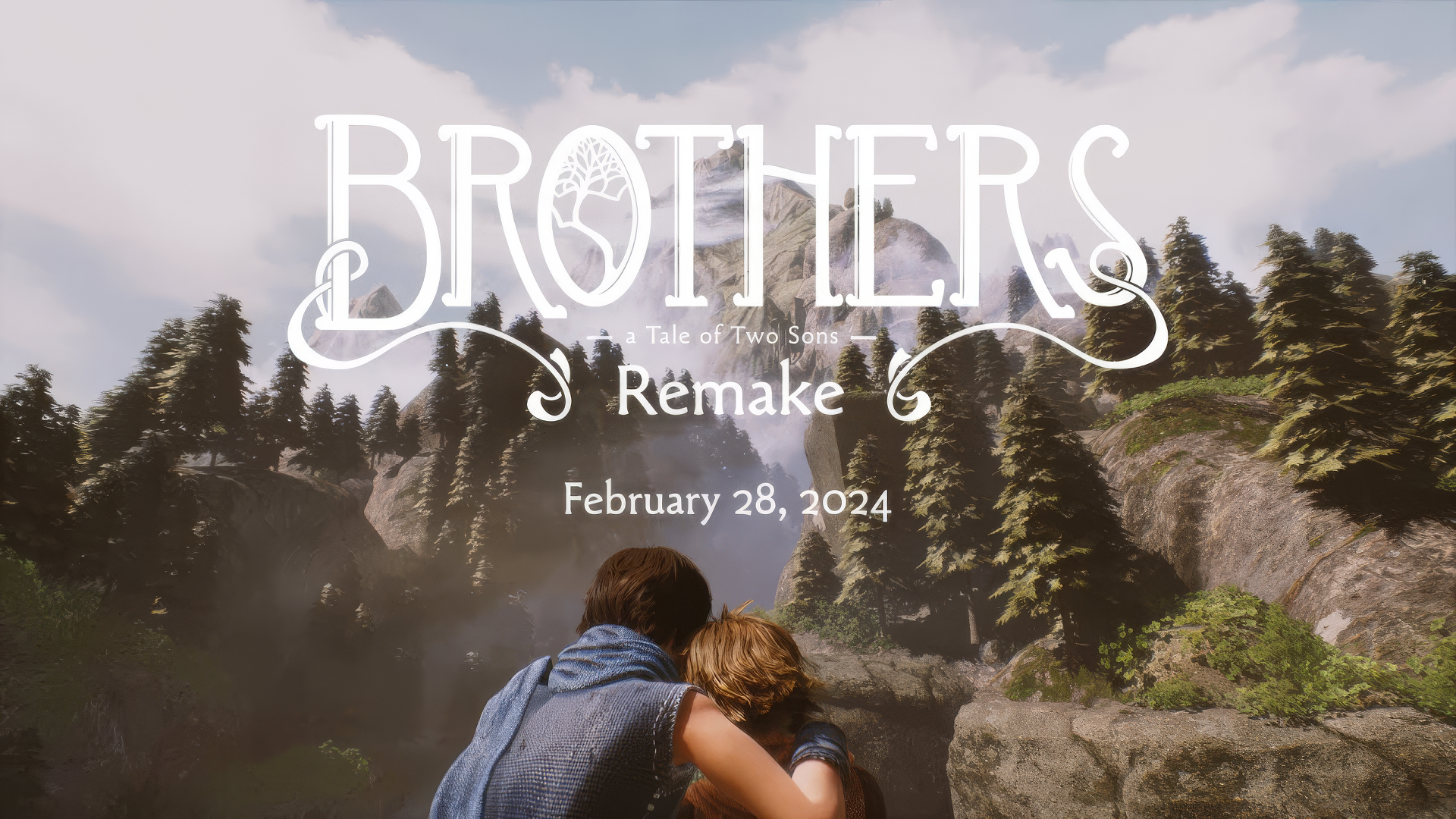HD wallpaper for Brothers: A Tale of Two Sons Remake video game featuring two characters overlooking a scenic landscape with game title and release date.