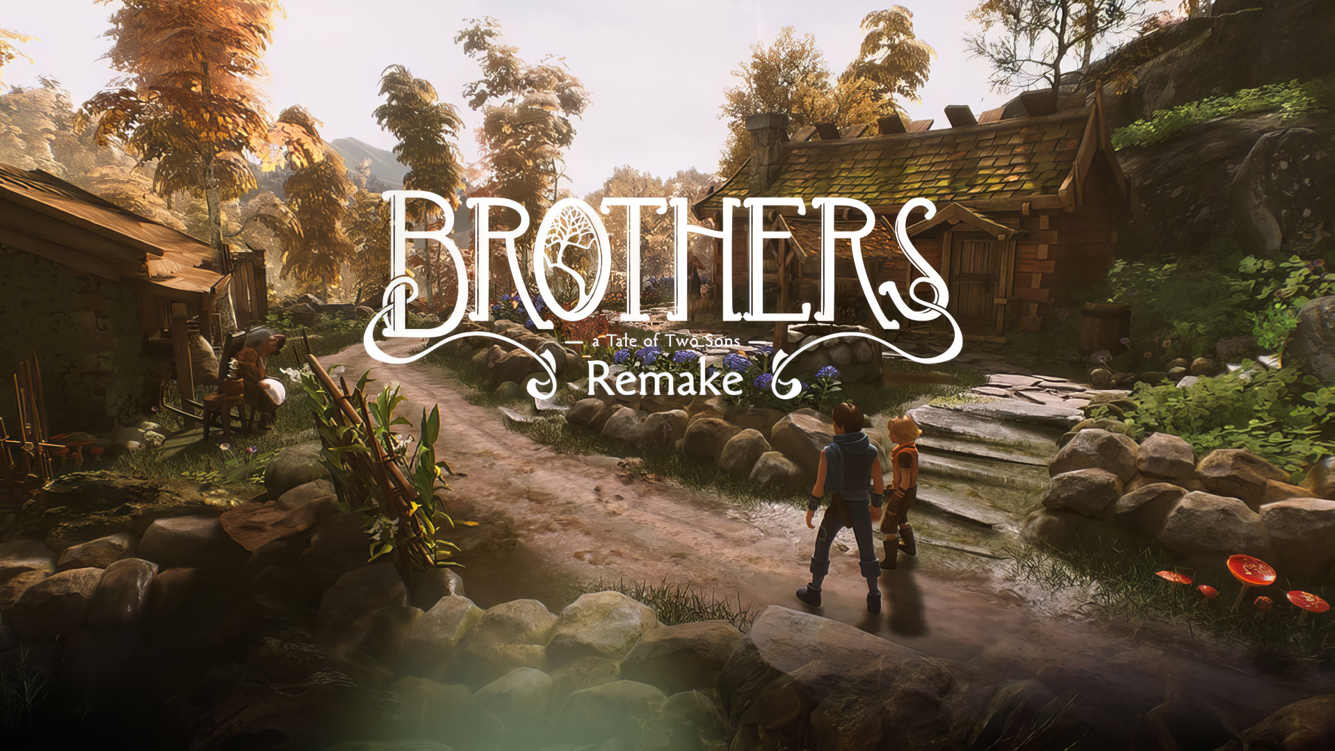 HD wallpaper of Brothers: A Tale of Two Sons Remake featuring two characters in a scenic fantasy setting for desktop background.