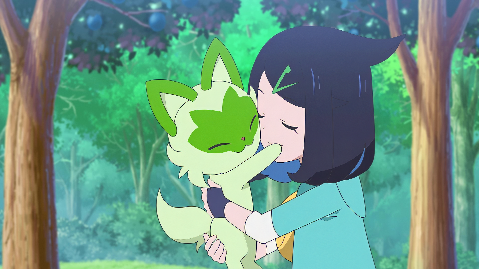 HD wallpaper featuring a tender moment from Pokémon Horizons: The Series, with the character Liko affectionately cuddling her Sprigatito in a lush forest setting.