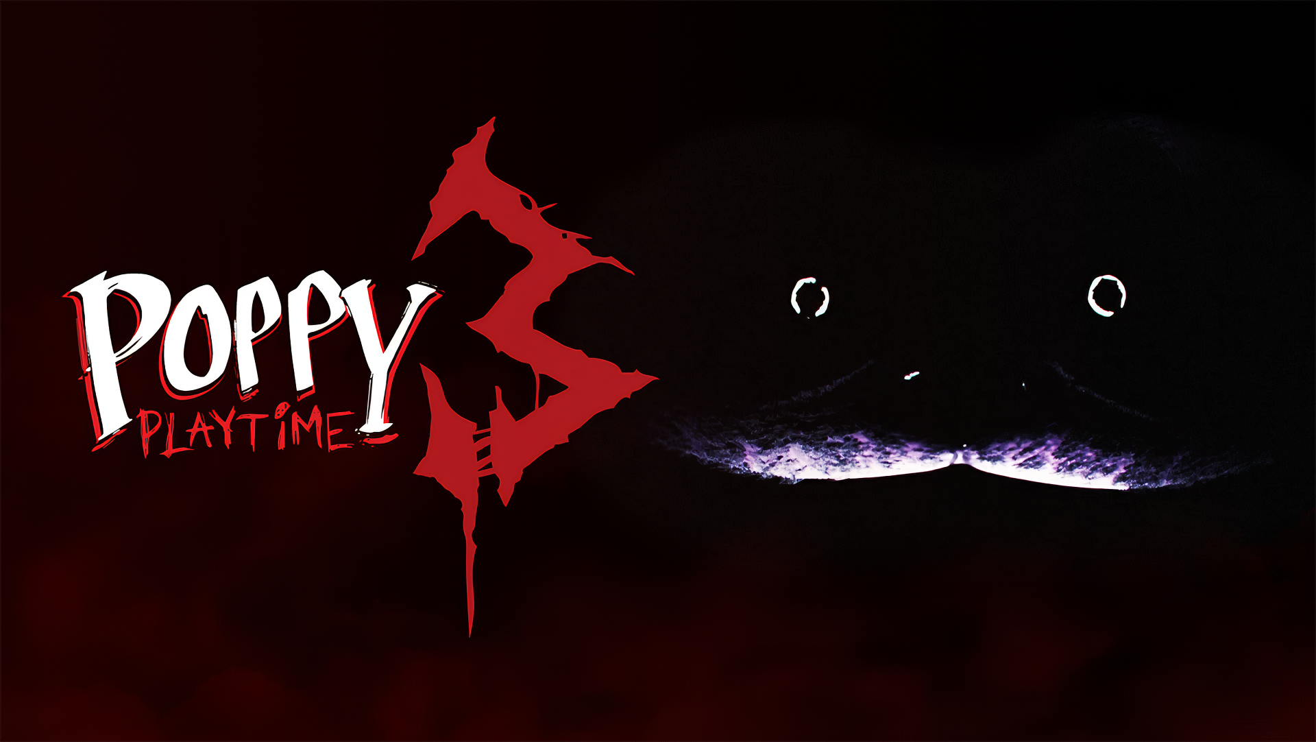 HD desktop wallpaper featuring the mysterious and ominous ambiance of Poppy Playtime game with a shadowy figure and title logo against a dark, red-tinged background.