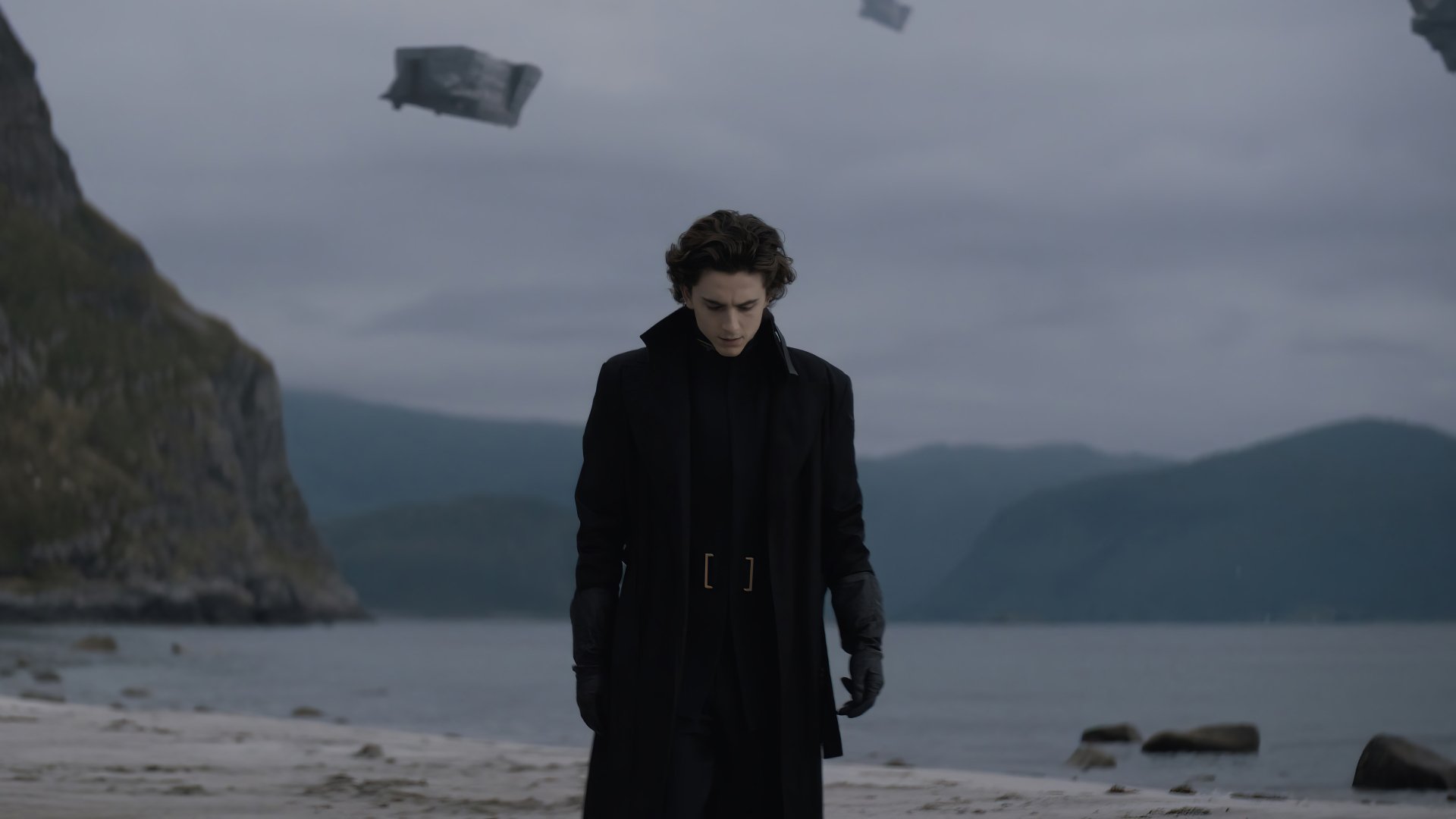 HD desktop wallpaper featuring a scene from the movie Dune (2021) with a character walking on a gloomy beach, with ships hovering in the sky.