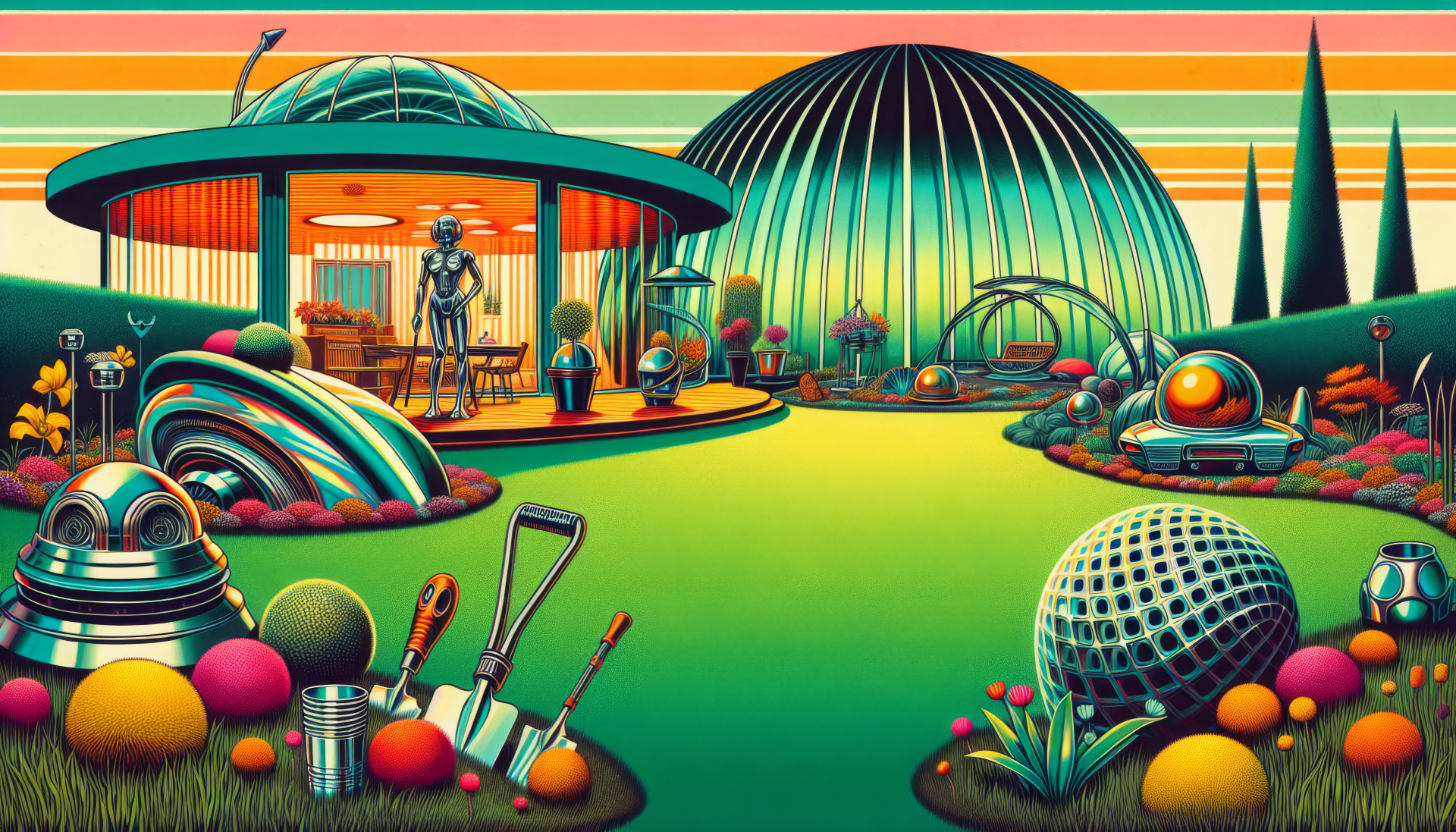 HD desktop wallpaper featuring a stylized lawn with futuristic elements and colorful design.