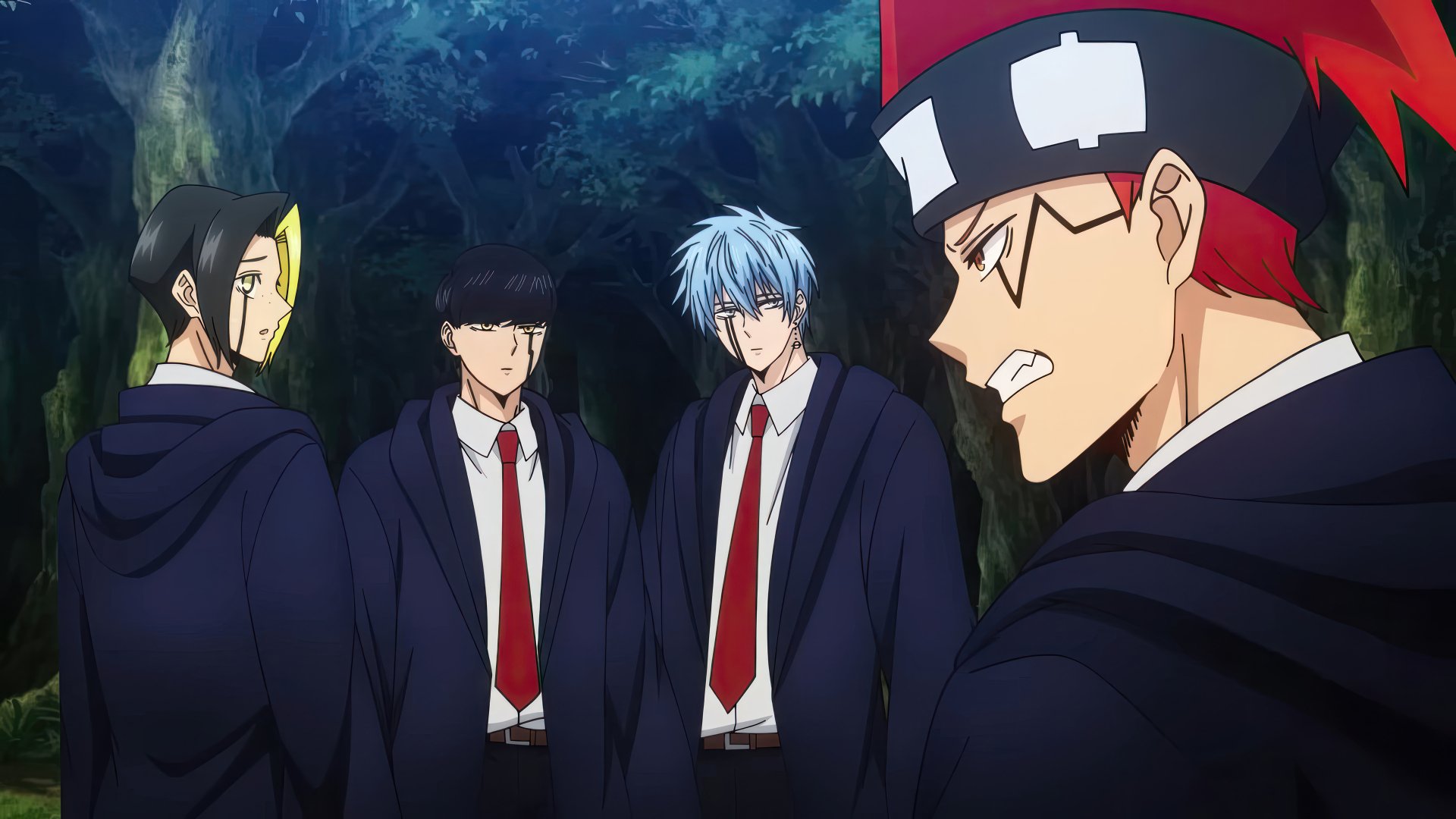 Anime characters Mash Burnedead, Lance Crown, and Dot Barrett from Mashle: Magic and Muscles featured in an HD desktop wallpaper with a mystical forest background.