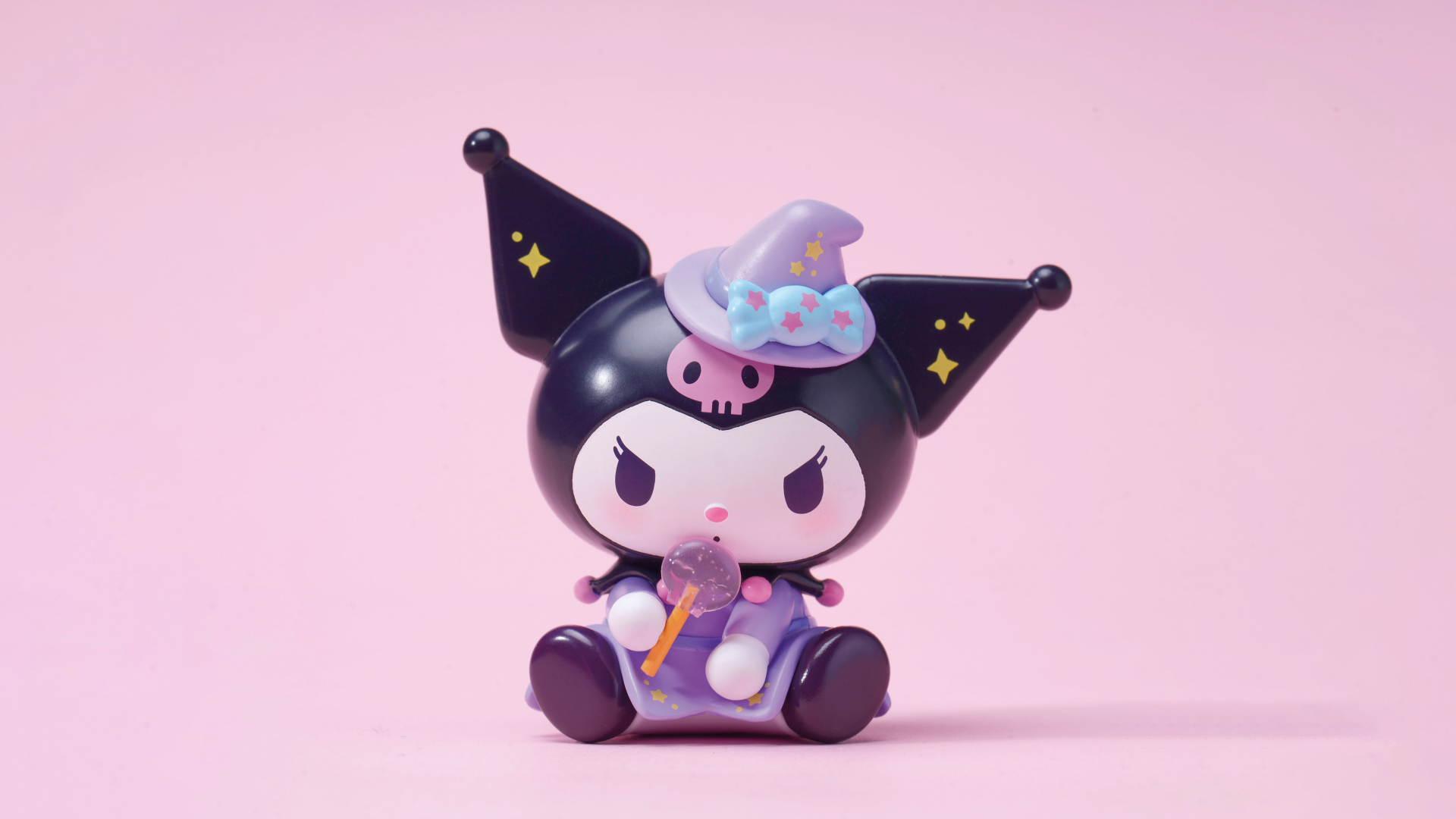 Kuromi figurine from Onegai My Melody posed in front of a pink background, HD wallpaper for desktop.