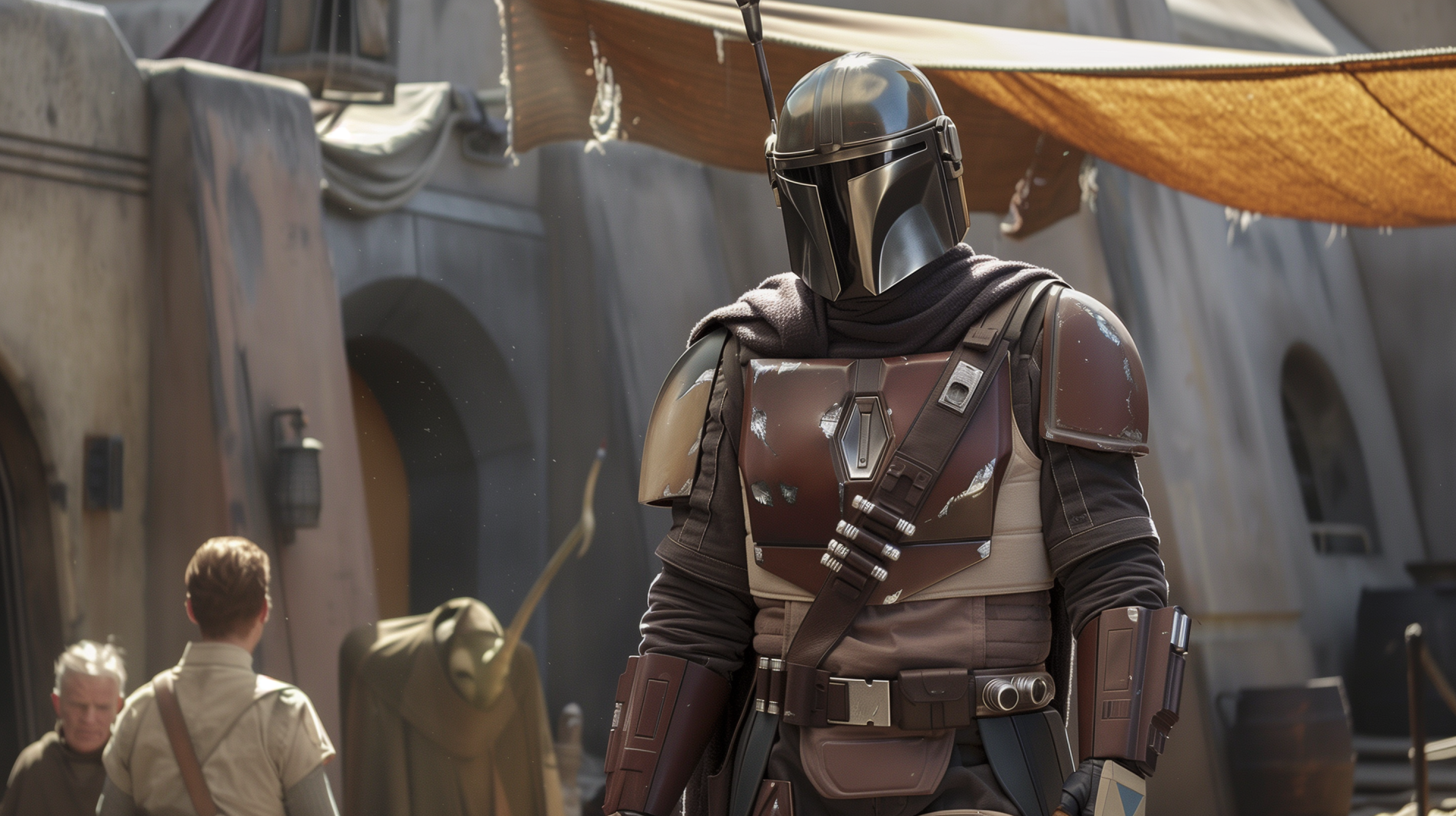 HD desktop wallpaper featuring The Mandalorian character from the Star Wars TV show, standing in a market street.