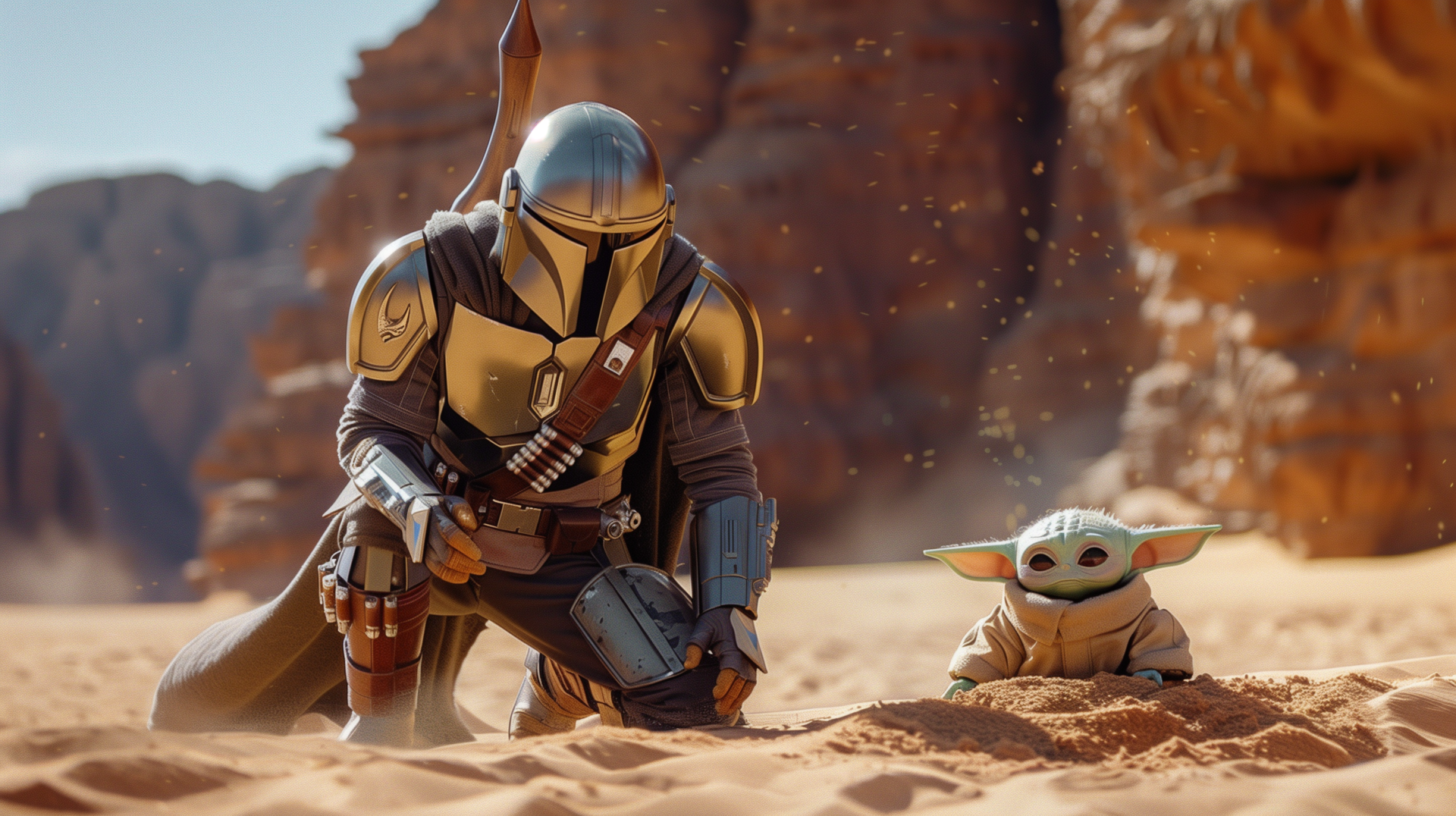 HD wallpaper of The Mandalorian and Grogu characters from the Star Wars TV show The Mandalorian posed against a desert backdrop.