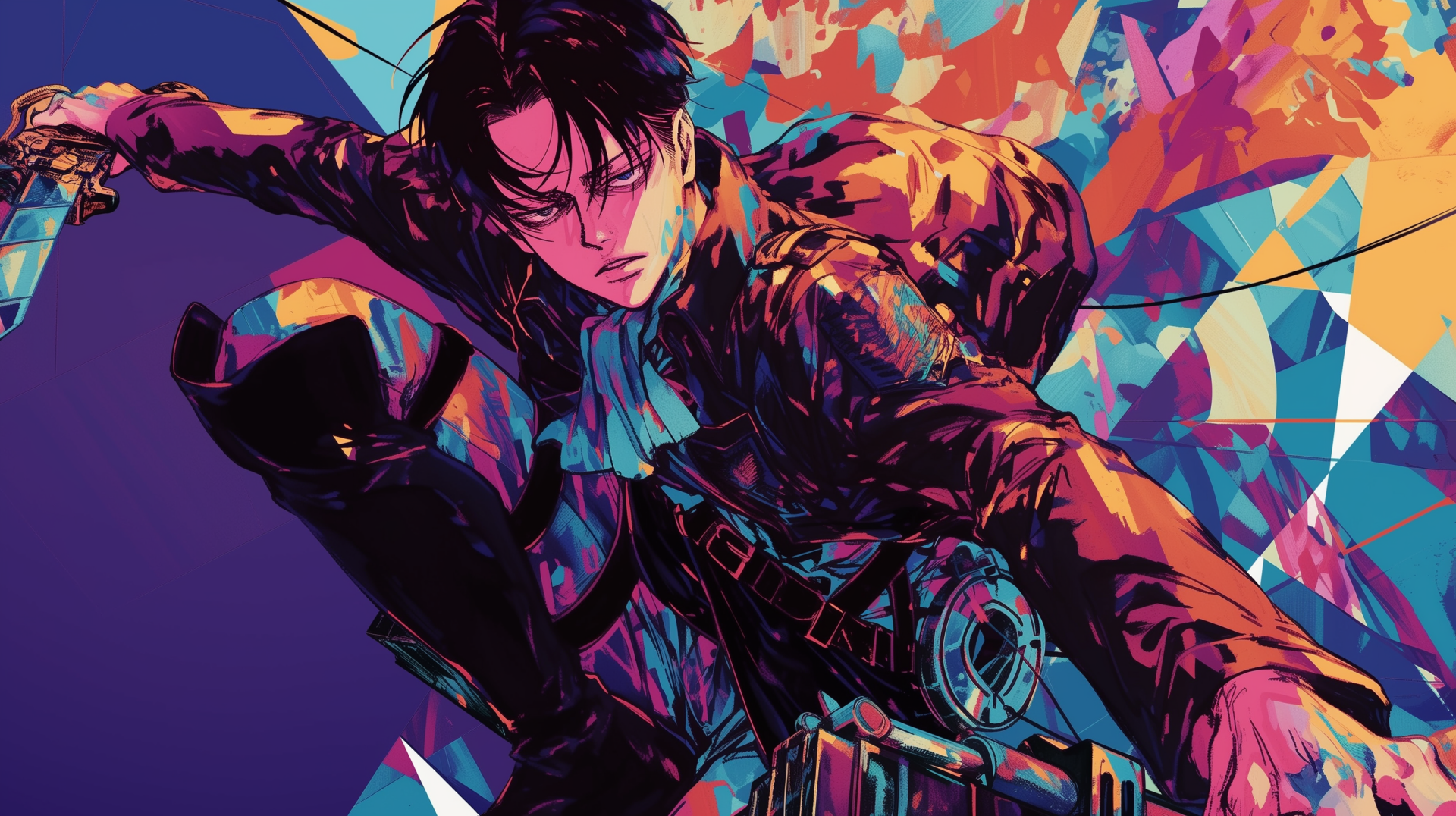 HD wallpaper featuring Levi Ackerman from Attack on Titan with a dynamic, colorful abstract background.