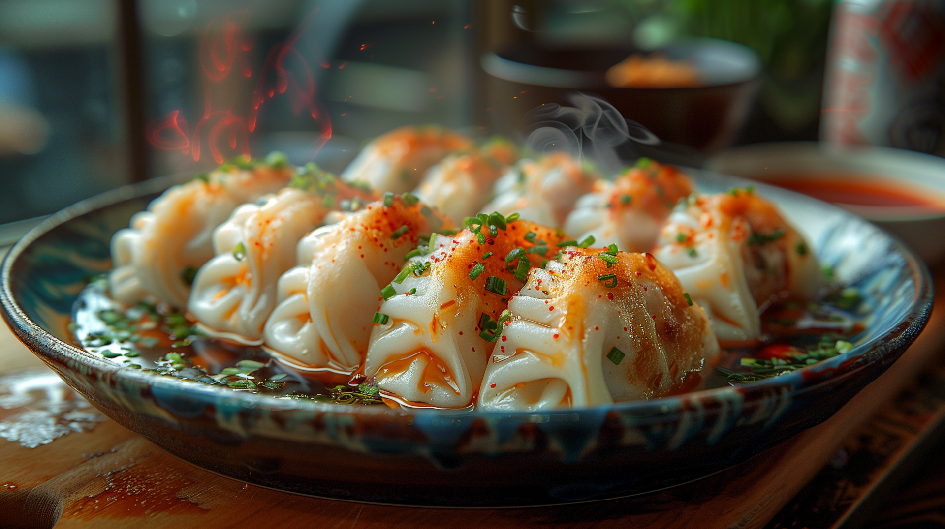 A beautifully arranged plate of dumplings, adorned with herbs and spices, emits steam in a vibrant HD desktop wallpaper, capturing the essence of delicious Asian cuisine.