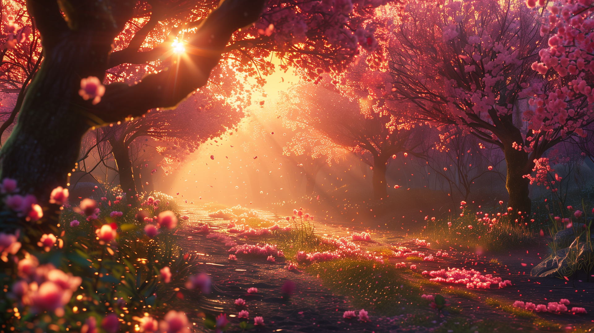 A serene spring scene featuring blooming trees with pink flowers, golden sunlight filtering through, and a tranquil pathway covered in petals, creating a vibrant HD desktop wallpaper.