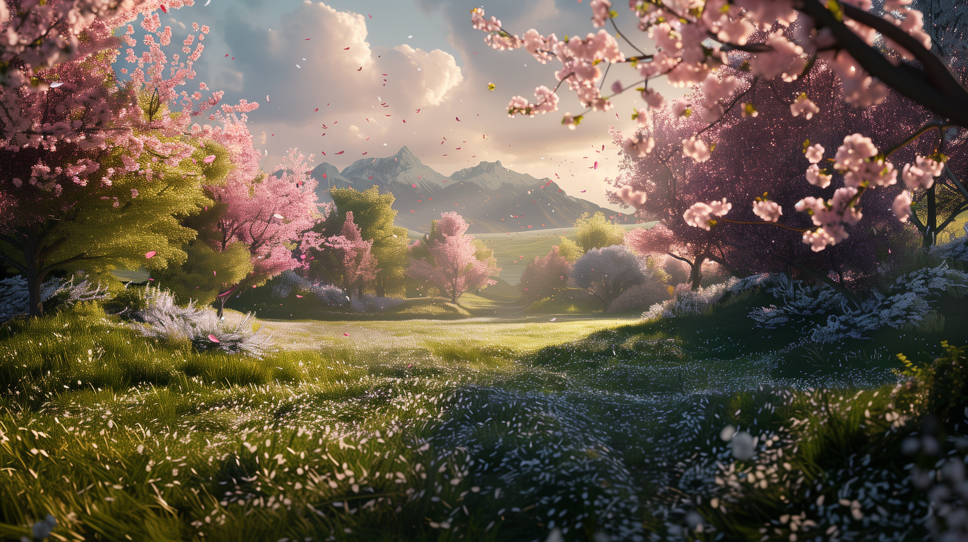Springtime blooms with a scenic view of lush green meadows and flowering cherry blossoms against a backdrop of distant mountains - HD desktop wallpaper.