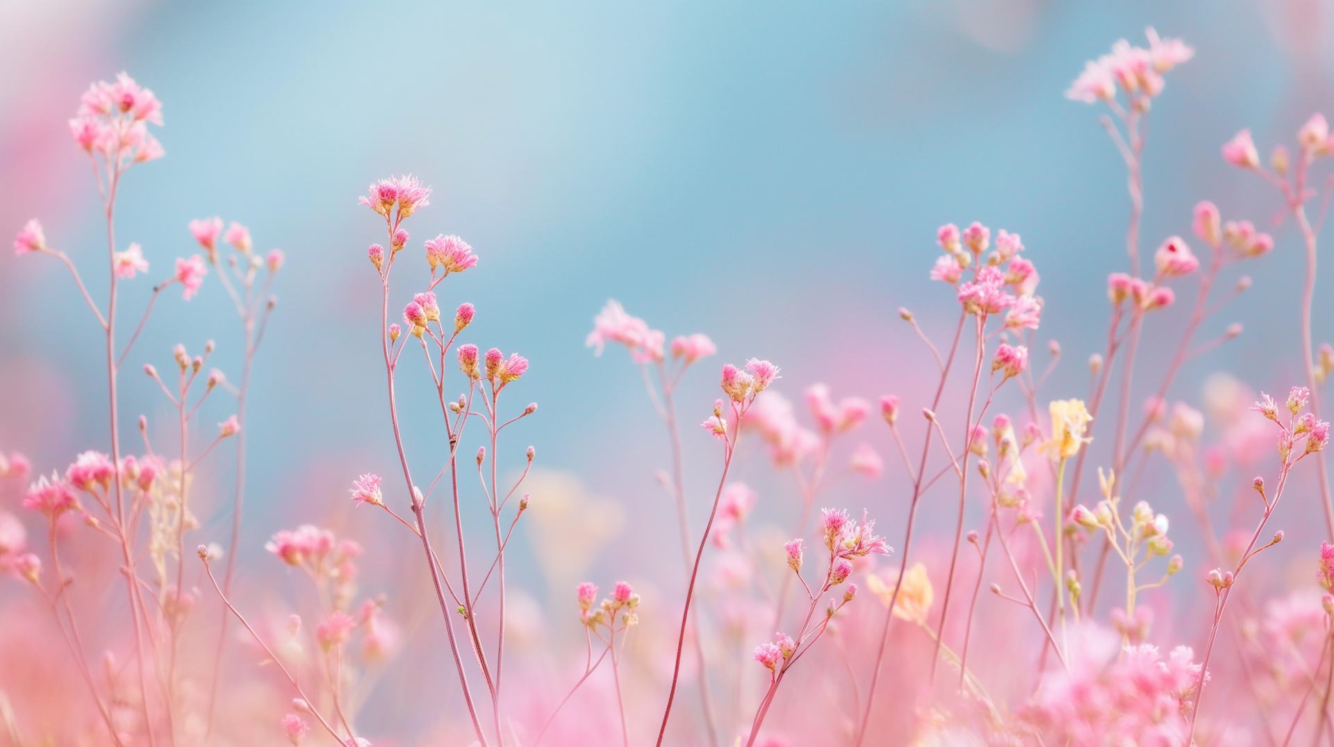 HD desktop wallpaper featuring a serene field of delicate pink flowers against a soft blue background.