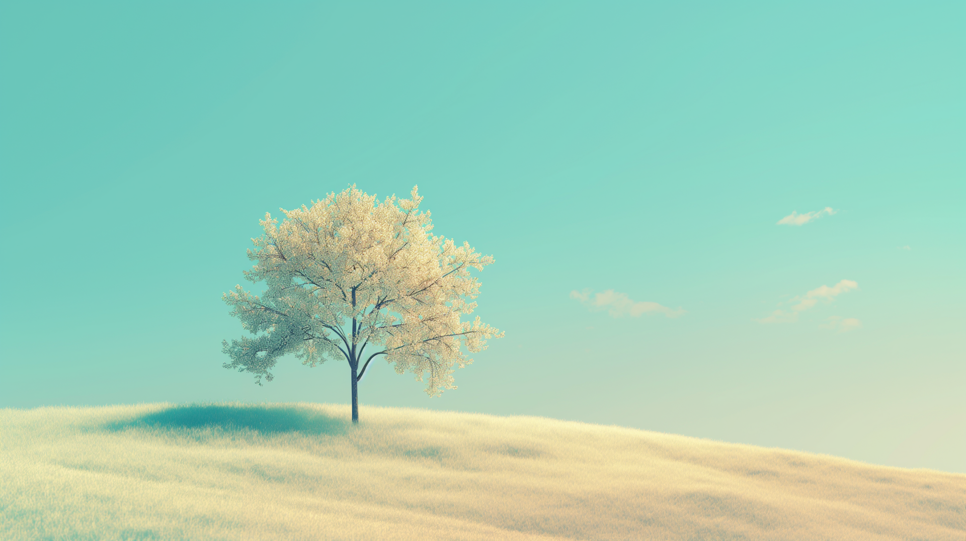HD desktop wallpaper featuring a serene single tree on a gentle hill with a calming blue sky background.