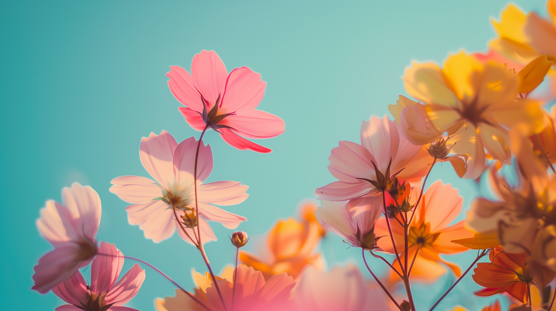HD desktop wallpaper featuring vibrant spring flowers with a soft-focus background in warm sunlight.