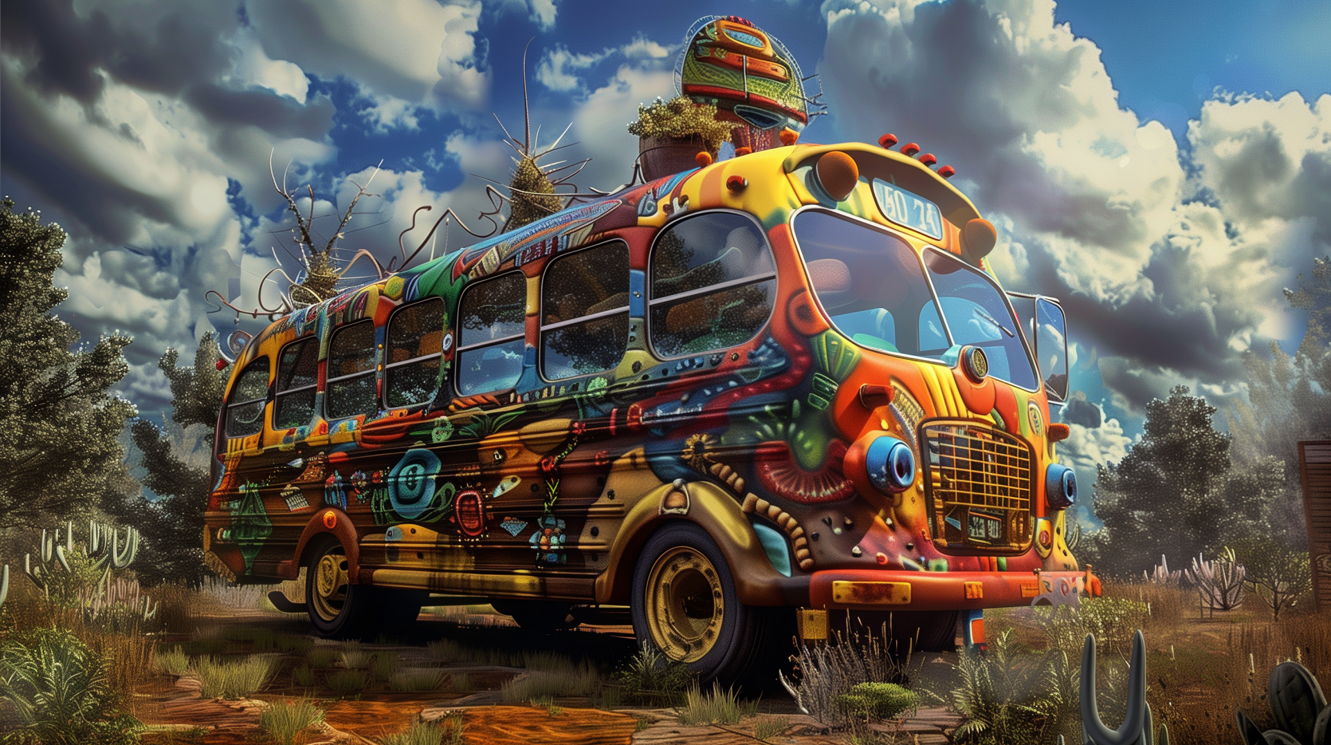 Colorful artistic rendition of a school bus in a field, available as HD desktop wallpaper and background.