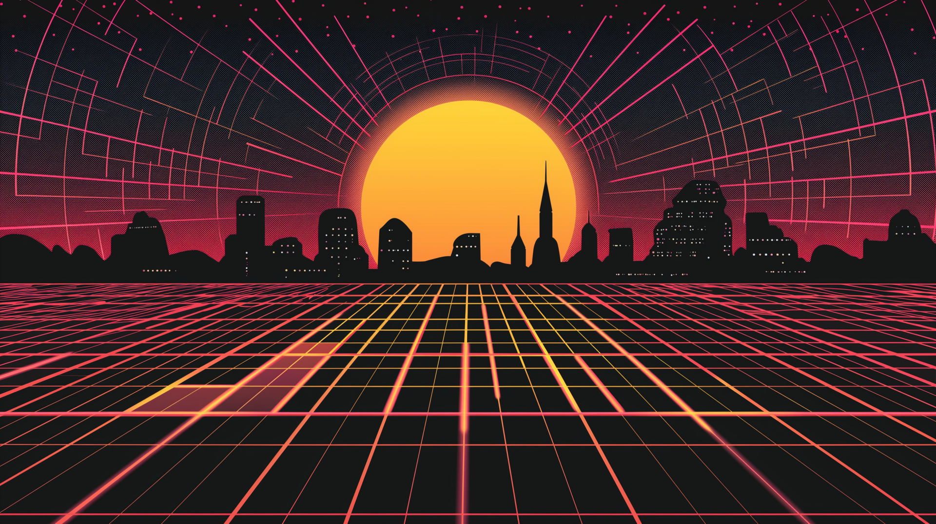 Retro-futuristic sunset cityscape with grid lines for HD desktop wallpaper.