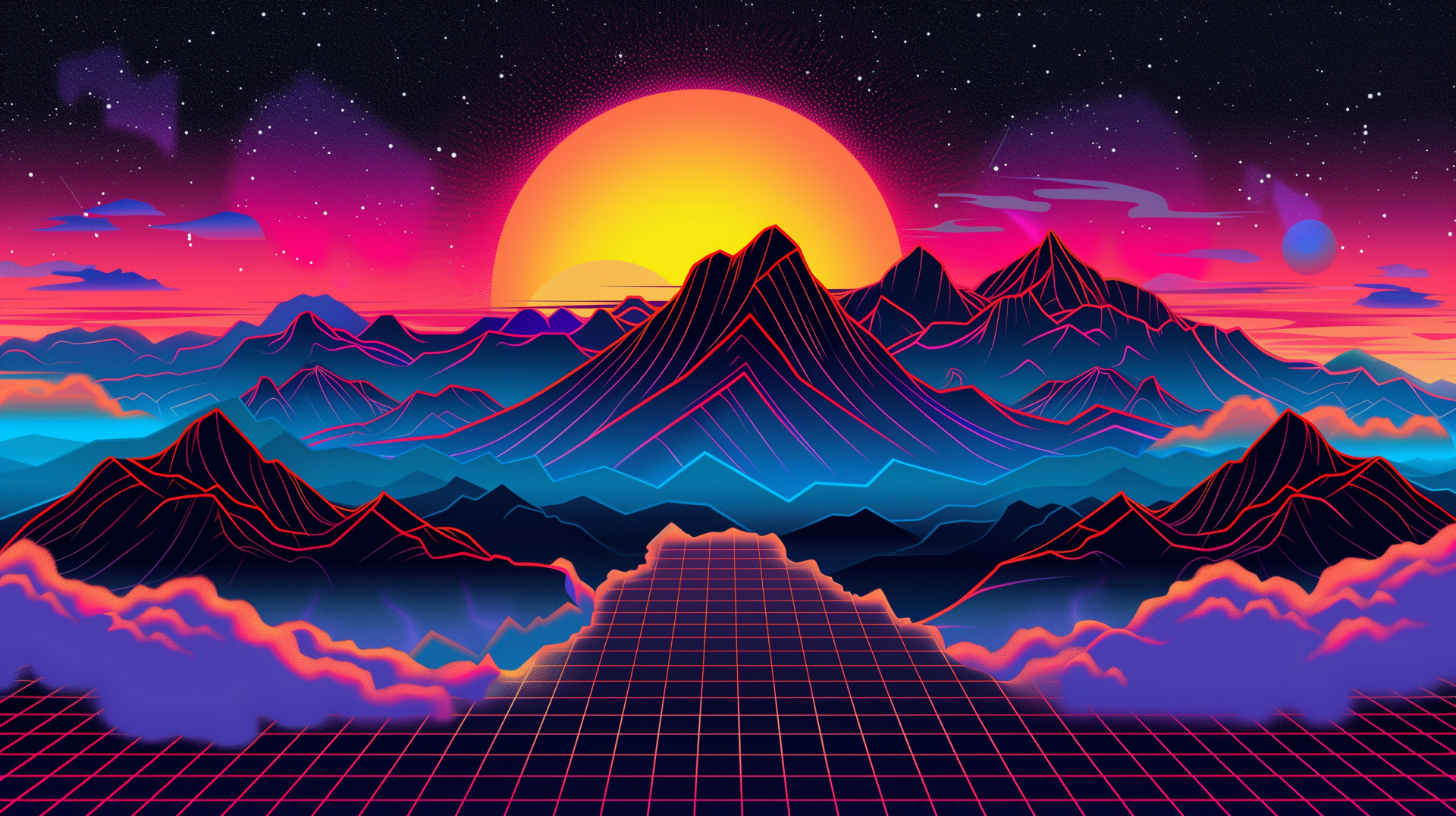 A vibrant retro HD desktop wallpaper featuring stylized mountains under a bright sunset, set against a cosmic backdrop with clouds and a grid pattern.