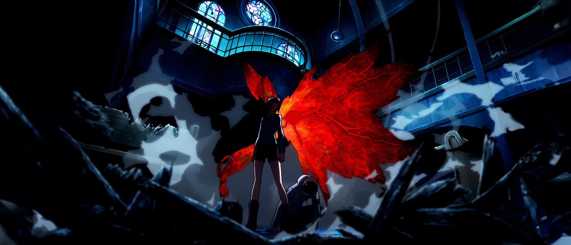 An 8K Ultra HD anime wallpaper featuring Touka Kirishima and Ken Kaneki from Tokyo Ghoul, set in a dark, dramatic scene with glowing red kagune wings.