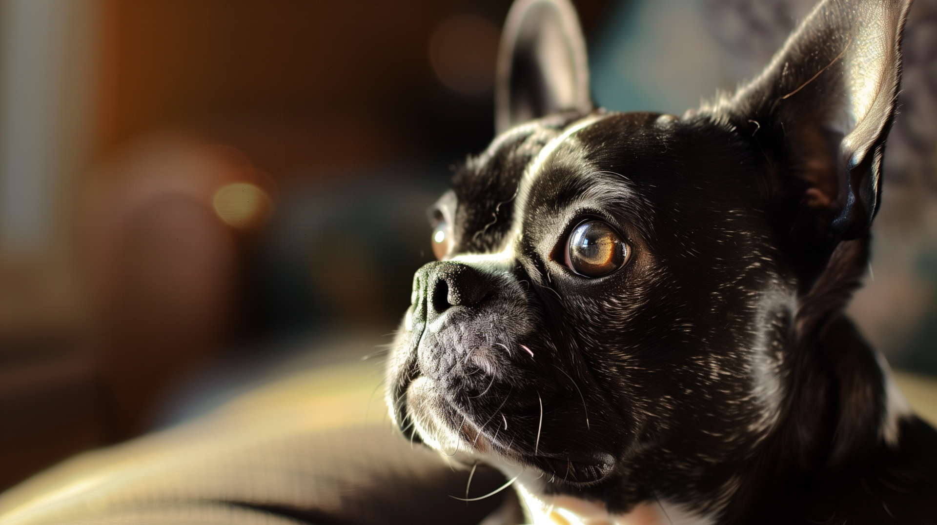 A close-up of a Boston Terrier's face, showcasing its expressive eyes and distinctive features. This high-definition image serves as a captivating desktop wallpaper background.
