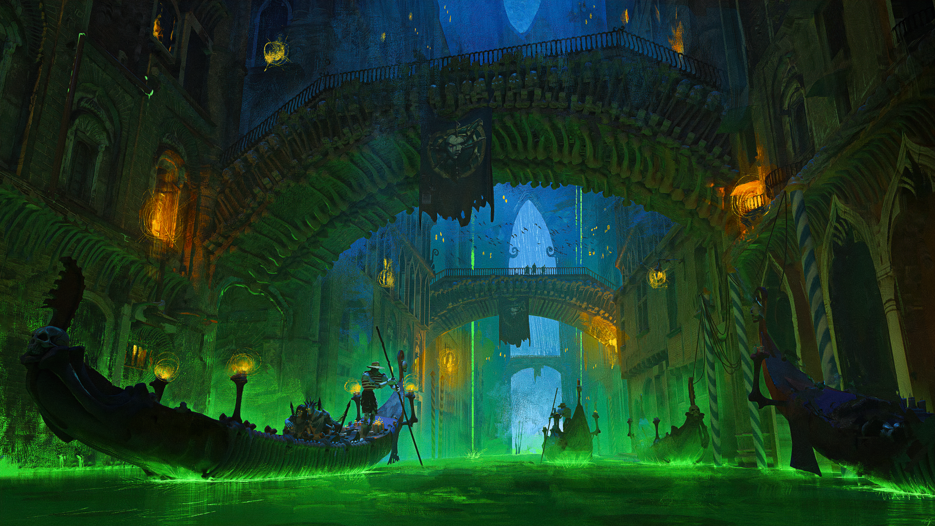 4K Ultra HD World of Warcraft Undercity scene showcasing a dark, eerie fantasy environment with glowing green water and gothic architecture by Blizzard.