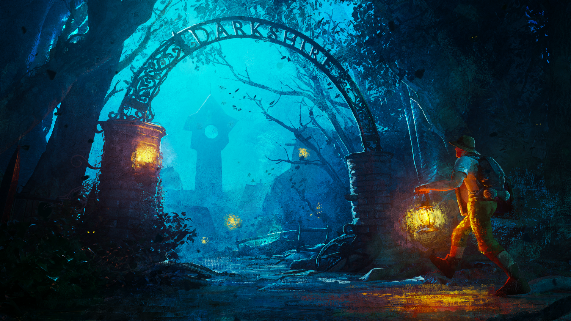 A dark, fantasy night scene from World of Warcraft by Blizzard, featuring a glowing lantern-lit archway and a figure exploring in 4K Ultra HD detail.