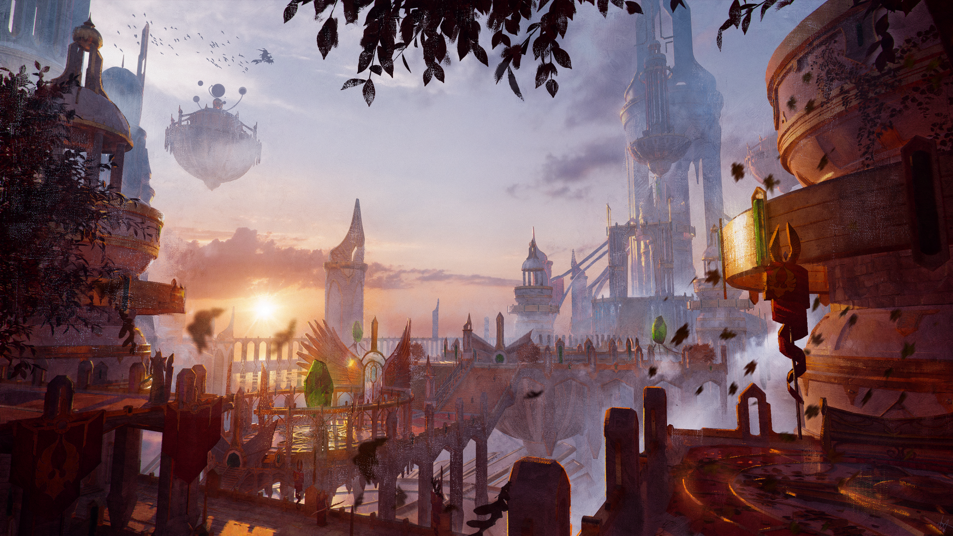 4K Ultra HD World of Warcraft fantasy landscape at sunset featuring elf architecture and floating structures in a mystical, ethereal setting.