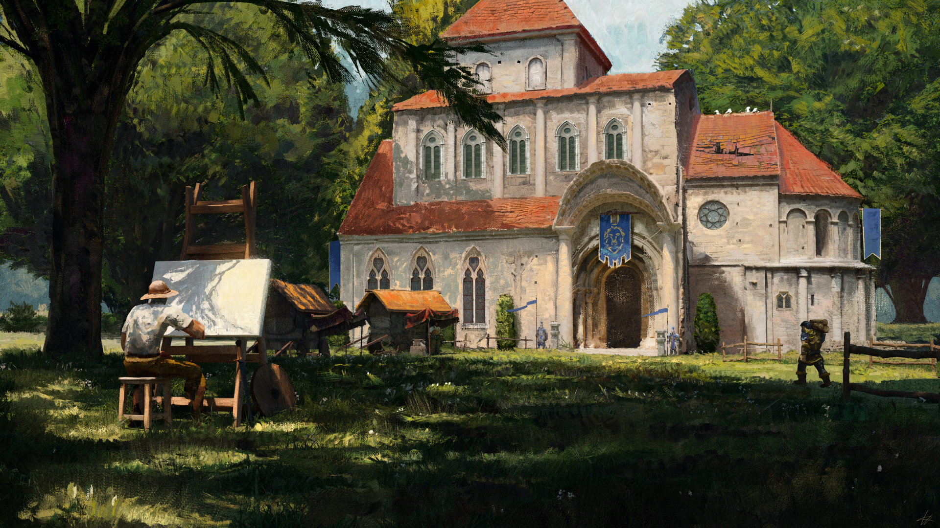 A bright, sunny World of Warcraft fantasy scene featuring a detailed stone building surrounded by lush greenery and flowers, rendered in 4K Ultra HD for PC desktops.