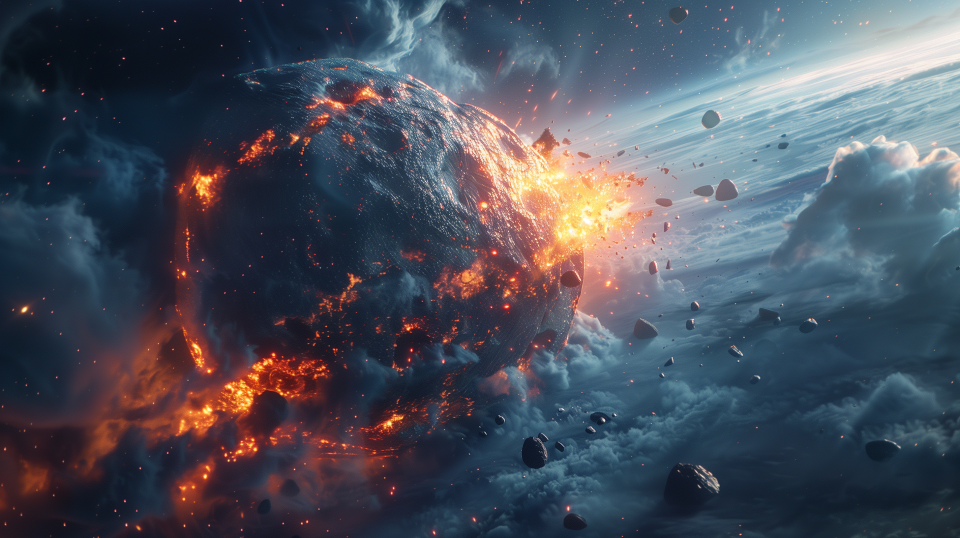 HD desktop wallpaper featuring a dramatic scene of meteorites colliding with a fiery planet amidst a starry space backdrop.