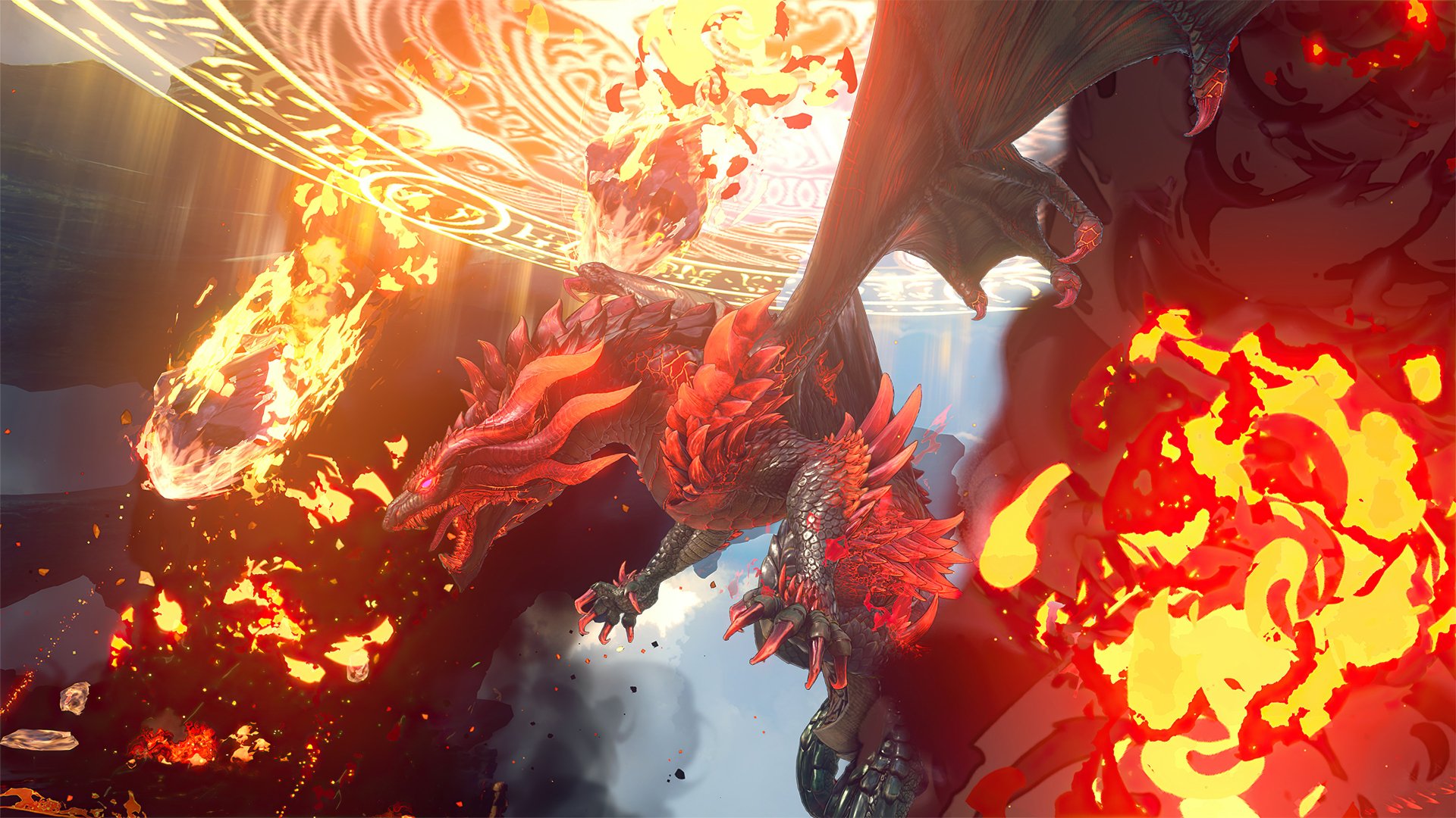 HD desktop wallpaper featuring dynamic battle scene from Granblue Fantasy: Relink video game with vibrant fire dragon.