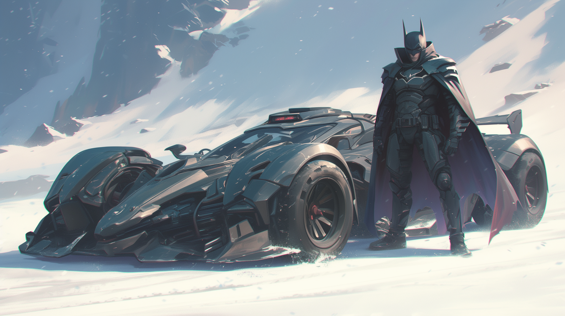 HD desktop wallpaper featuring the imposing Batmobile and a cloaked figure standing in a snowy landscape.