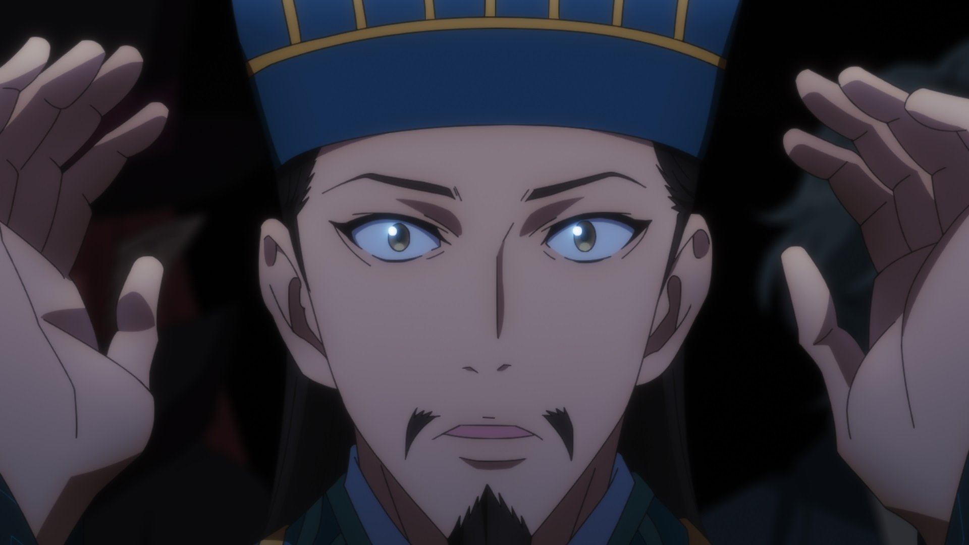 HD wallpaper of Kongming Zhuge from anime Ya Boy Kongming! with a focused expression, poised against a dark background.