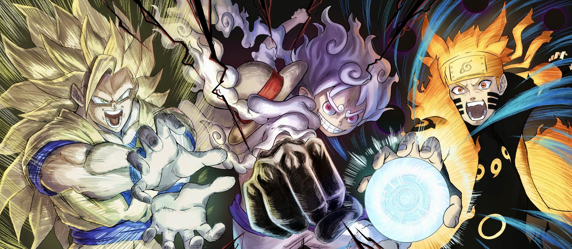 Vibrant 4K Ultra HD anime crossover wallpaper featuring Goku, Monkey D. Luffy, and Naruto Uzumaki in dynamic battle poses against a dark background.