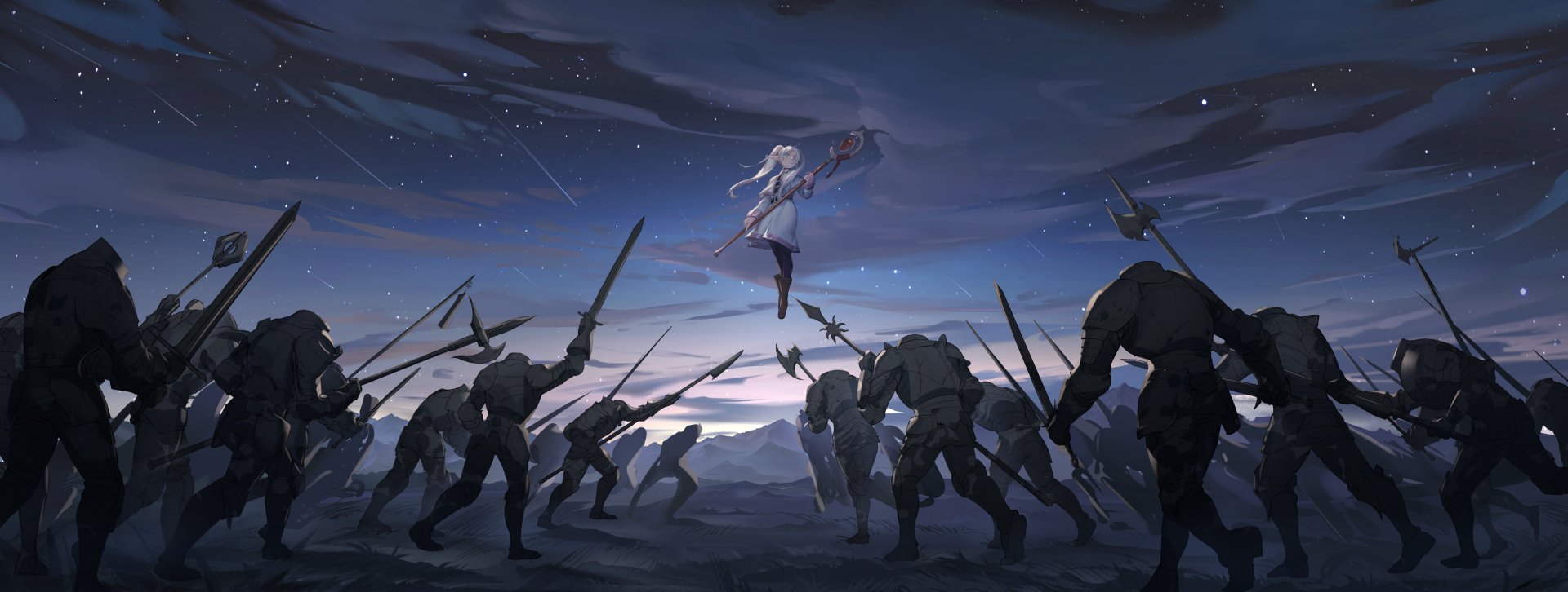 Anime-style HD PC desktop wallpaper from Frieren: Beyond Journey's End, depicting Frieren in mid-air surrounded by armored foes under a dusky sky.