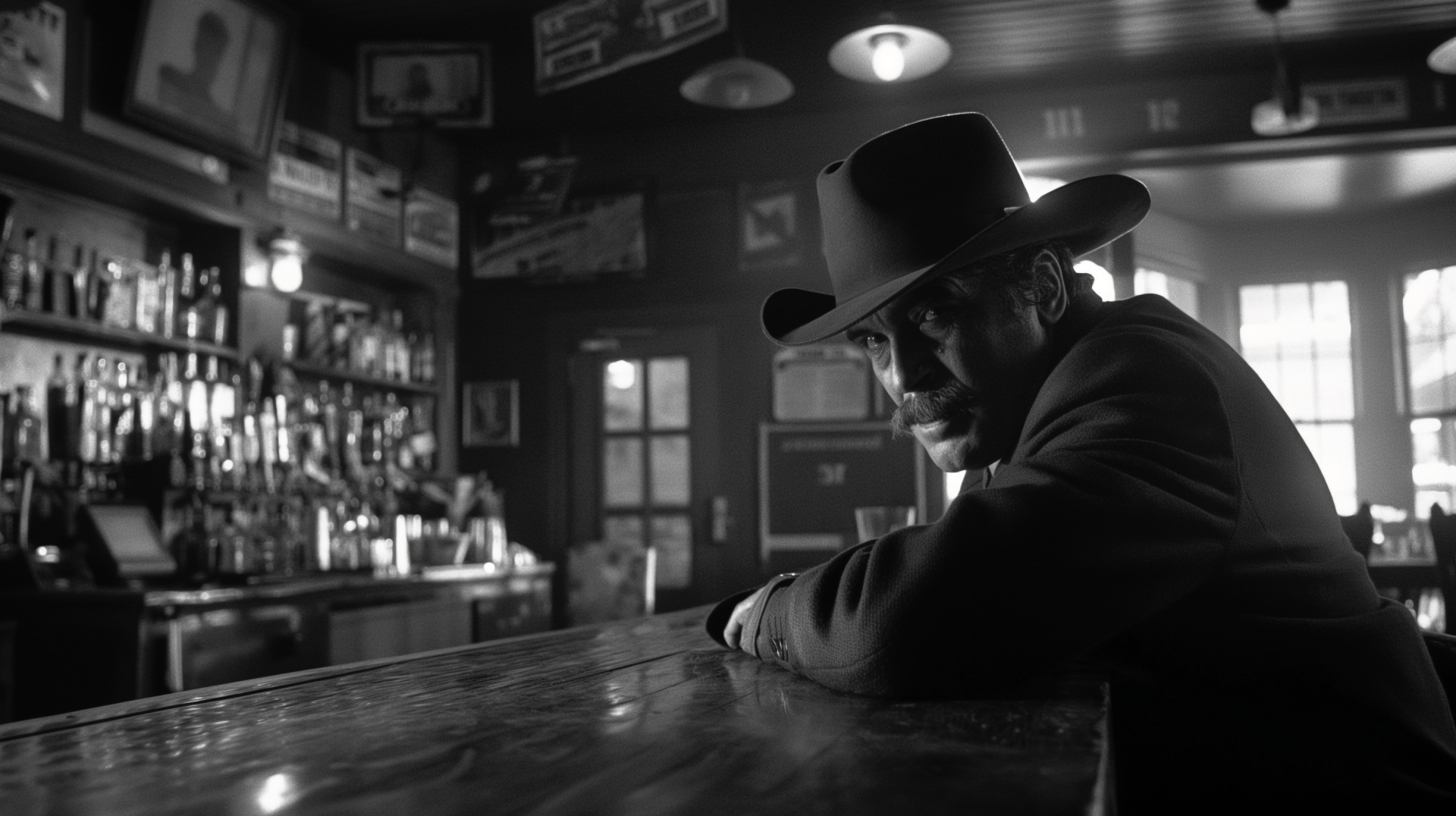 Black and white HD wallpaper featuring a contemplative sheriff seated at a saloon bar, evoking classic Western atmosphere for desktop background.