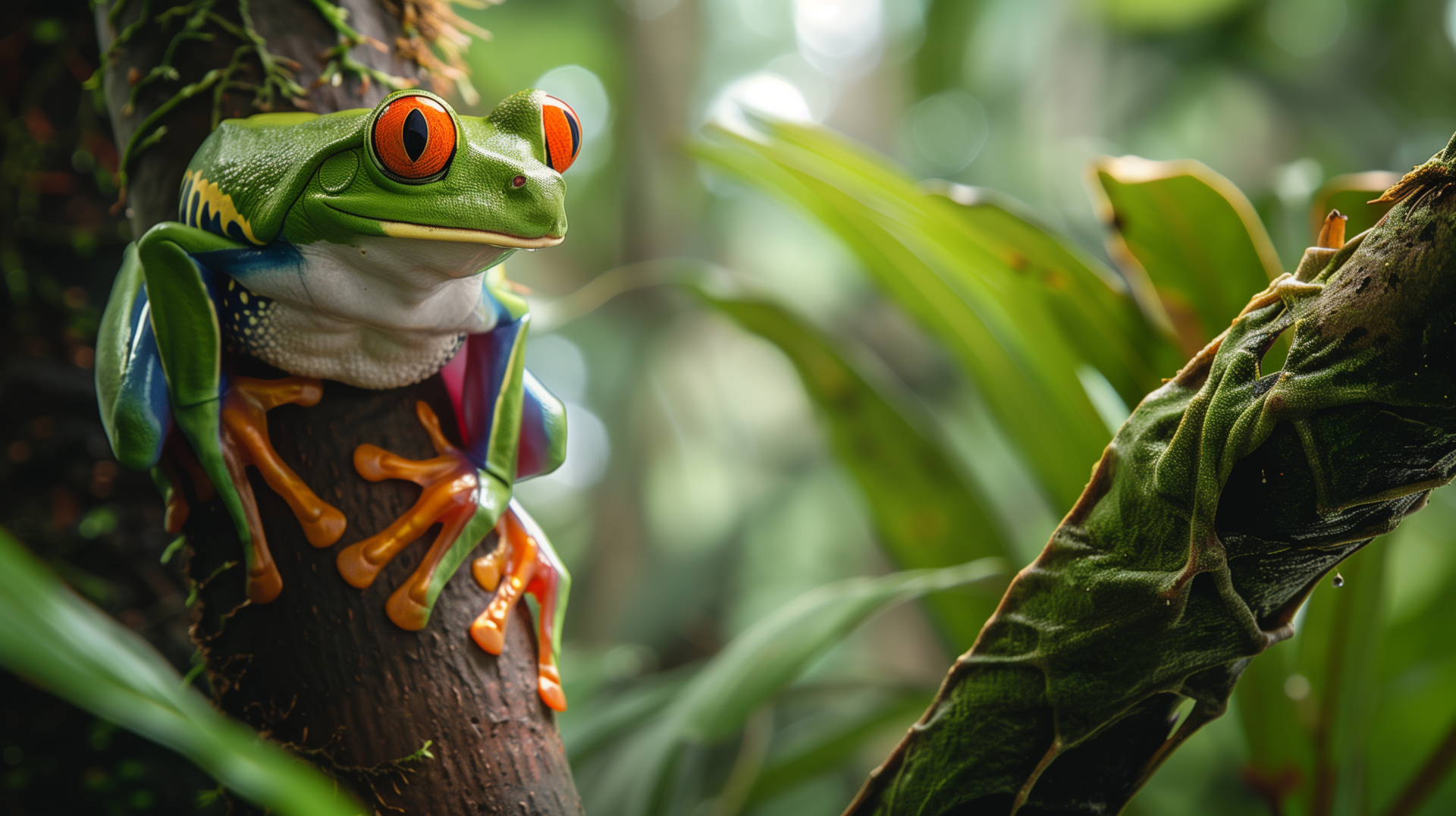 HD wallpaper of a vibrant tree frog perched on a branch in the jungle for desktop background.