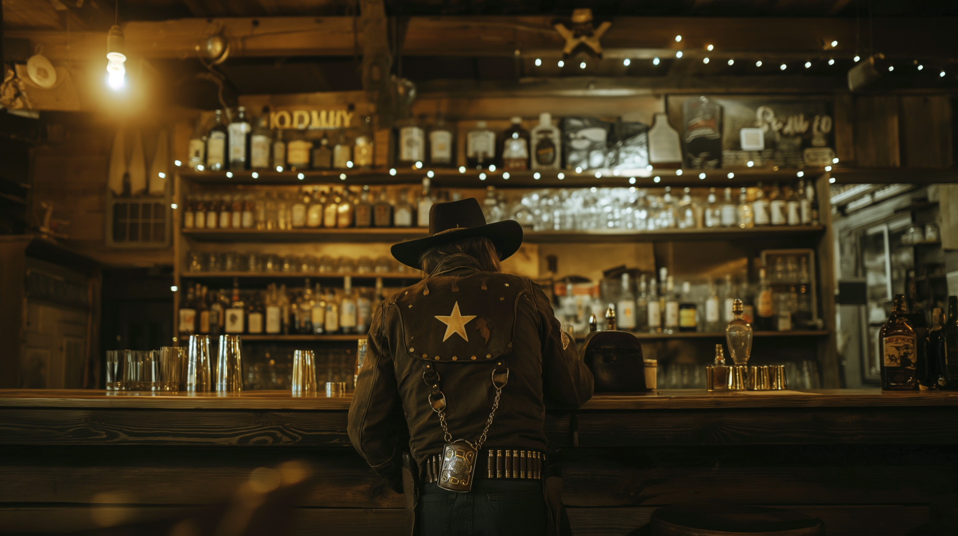 A sheriff with a star badge sits at the bar in a vintage saloon, creating an atmospheric HD desktop wallpaper with a Western theme.
