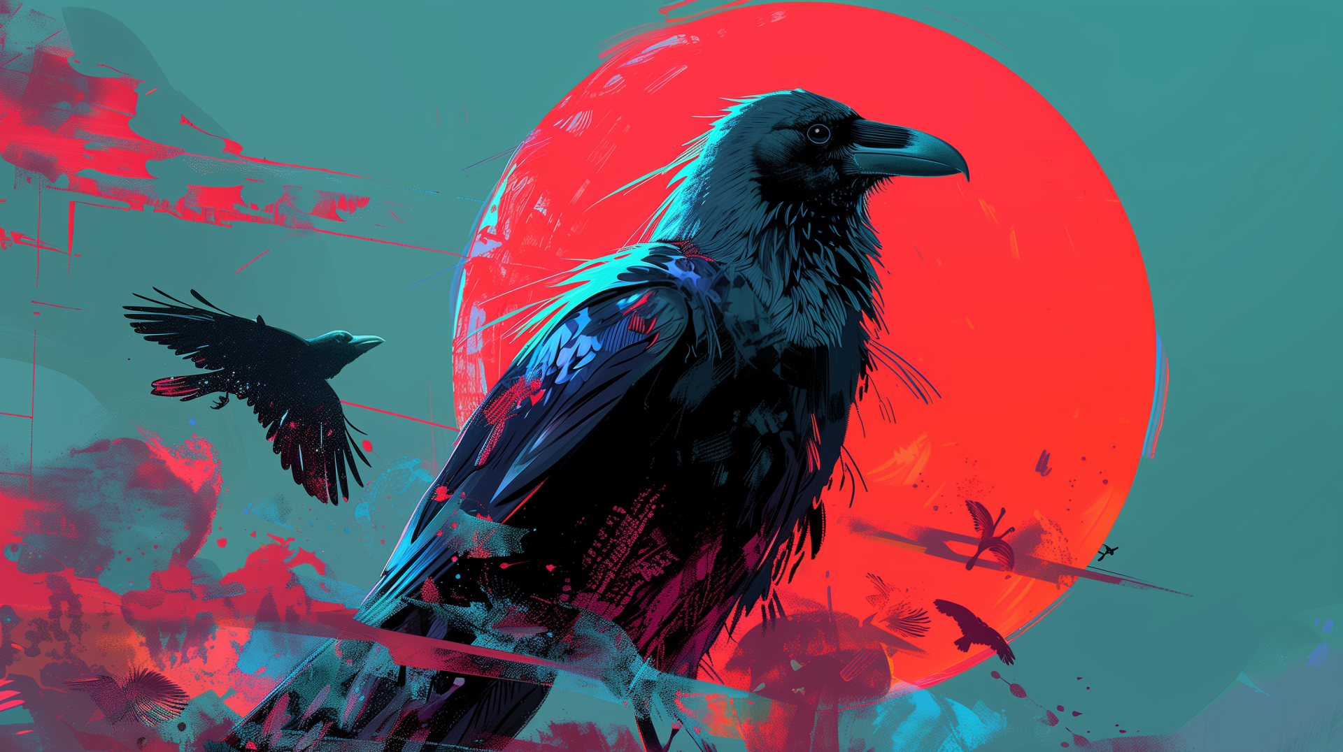 A stunning HD wallpaper featuring a detailed crow, set against a vibrant red sun and abstract background, capturing the essence of these remarkable birds in striking colors.