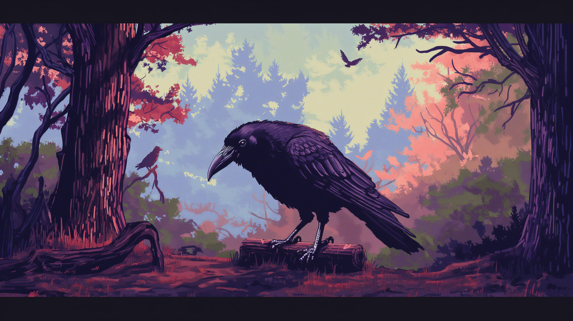HD desktop wallpaper featuring a stylized black crow in a colorful forest background.