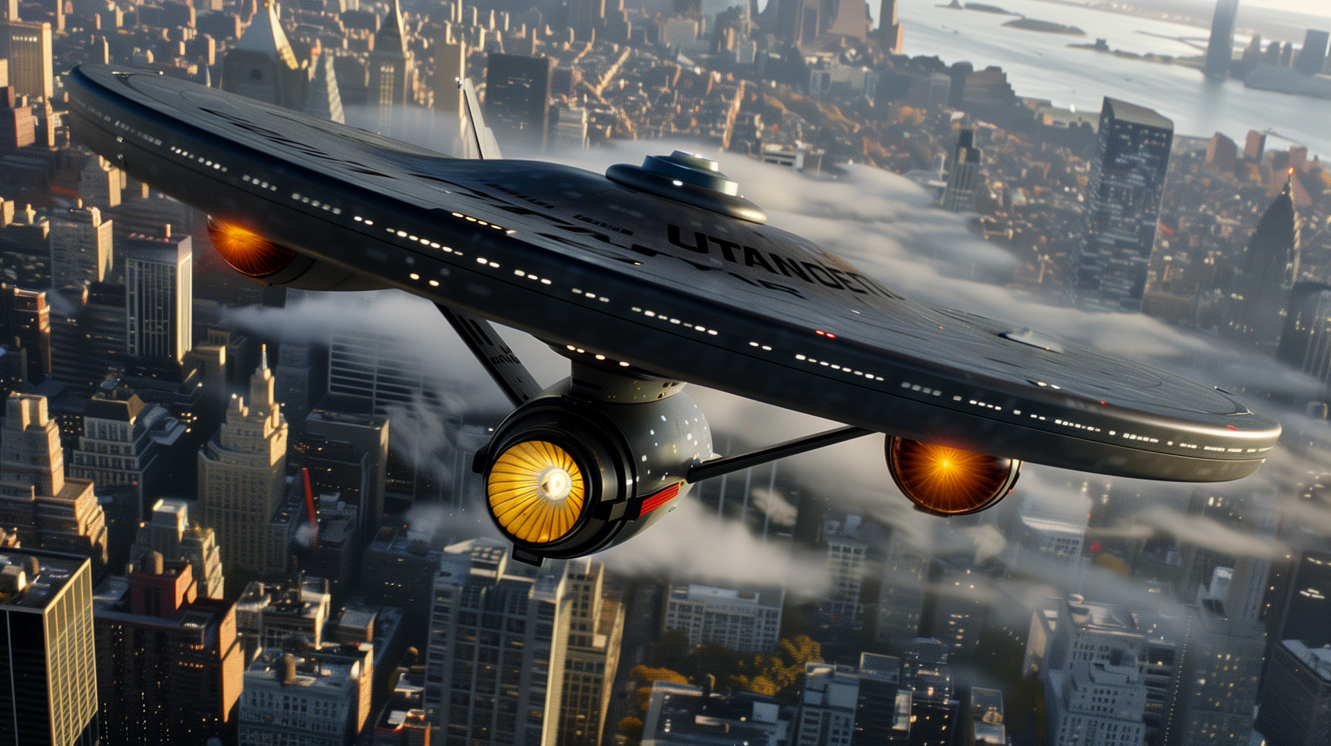 HD wallpaper featuring the USS Enterprise soaring over a bustling cityscape, with clouds and dramatic lighting enhancing the iconic starship's design.