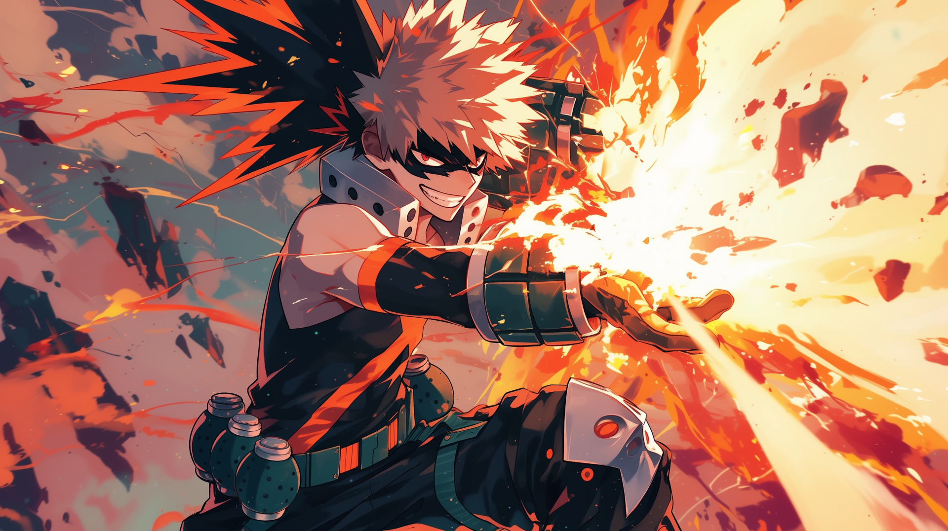 Katsuki Bakugou from My Hero Academia anime unleashing power in an explosive HD desktop wallpaper.