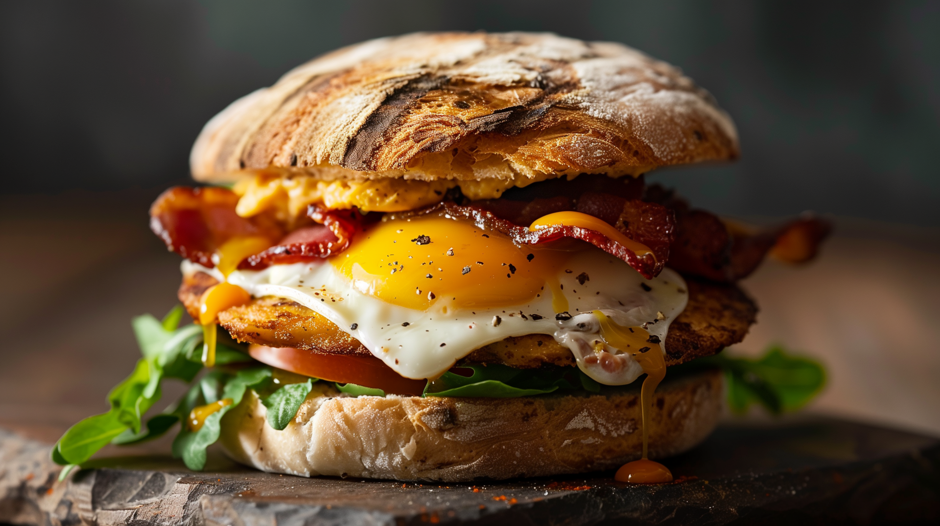 A delicious breakfast sandwich featuring a perfectly cooked egg, crispy bacon, and fresh greens, served on toasted bread. This HD wallpaper beautifully captures the mouthwatering details.