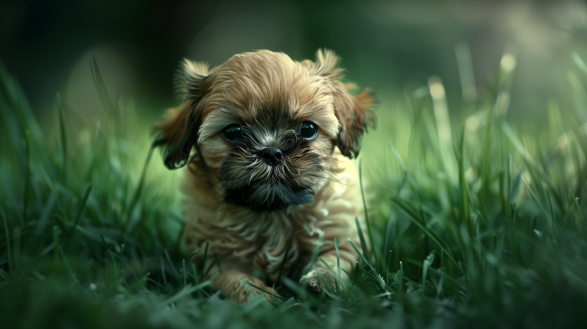 Cute Shih Tzu puppy lying in the grass, HD desktop wallpaper and background.