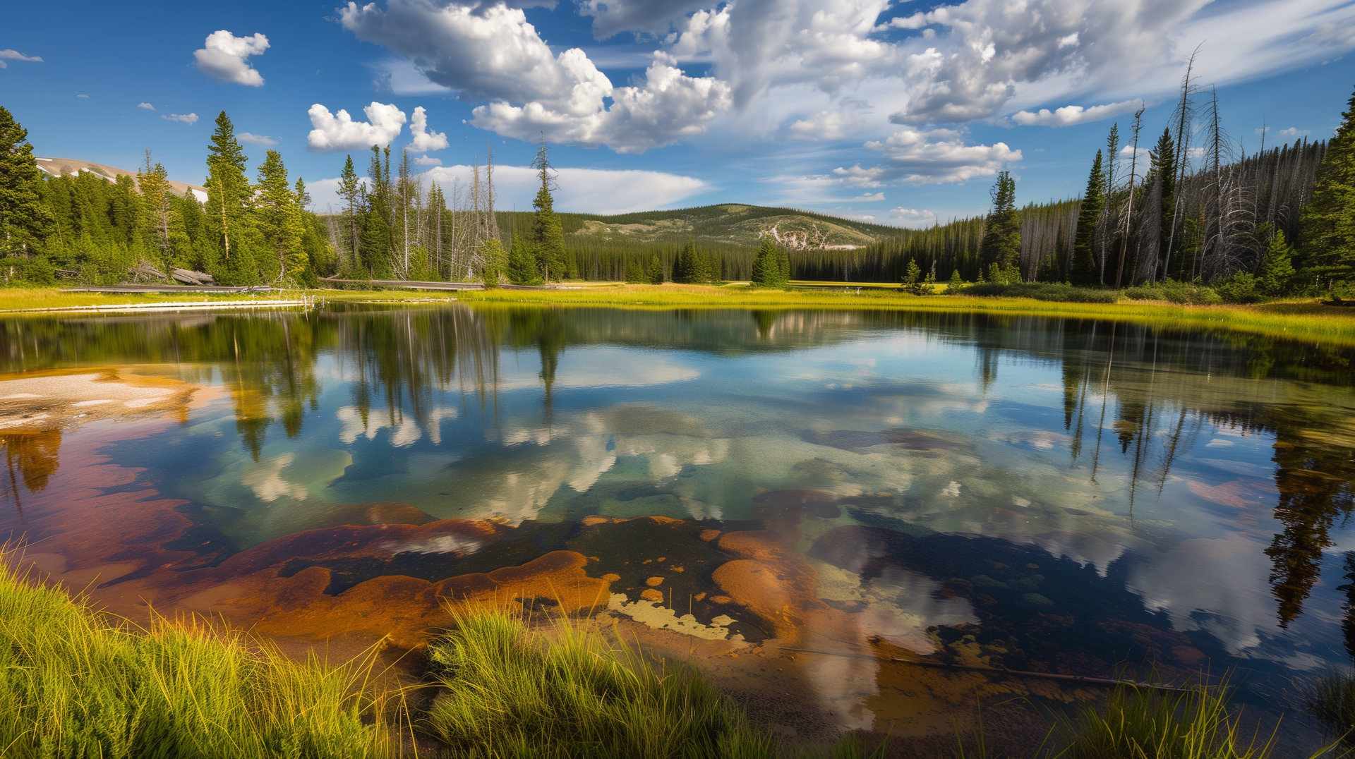 Stunning HD wallpaper featuring a serene Yellowstone lake landscape with a reflection of the sky and surrounded by lush nature.