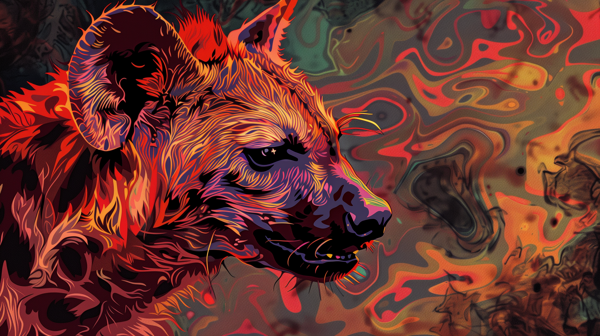 A vibrant HD desktop wallpaper featuring a detailed artistic representation of a hyena, showcasing bold colors and fluid patterns in the background.