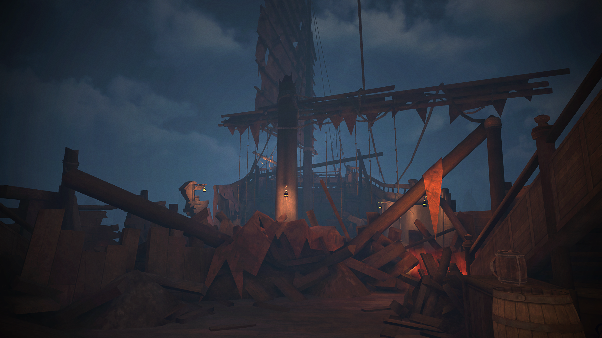 HD desktop wallpaper featuring a shipwreck scene from 'The Pirate Queen: A Forgotten Legend' video game with atmospheric lighting.