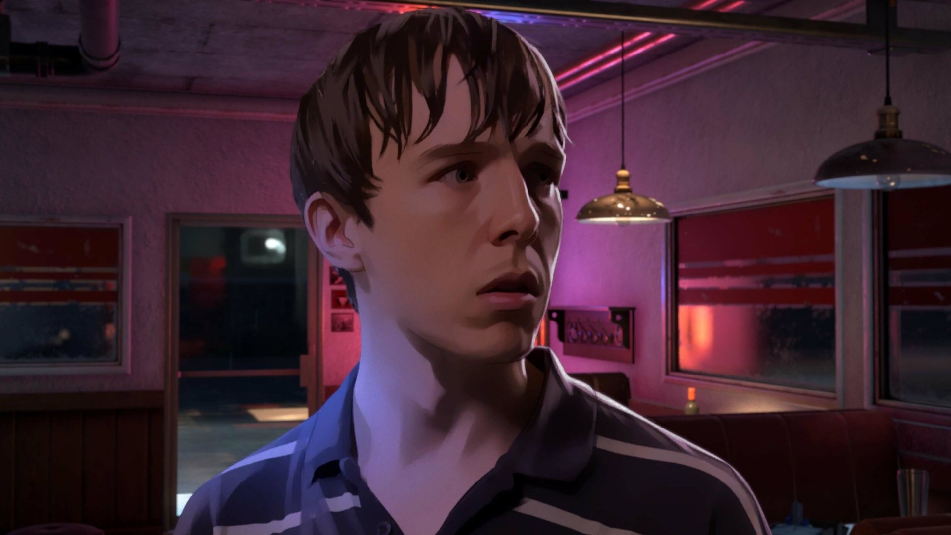 HD wallpaper of a character from the video game 'As Dusk Falls', set in a dimly lit diner interior.