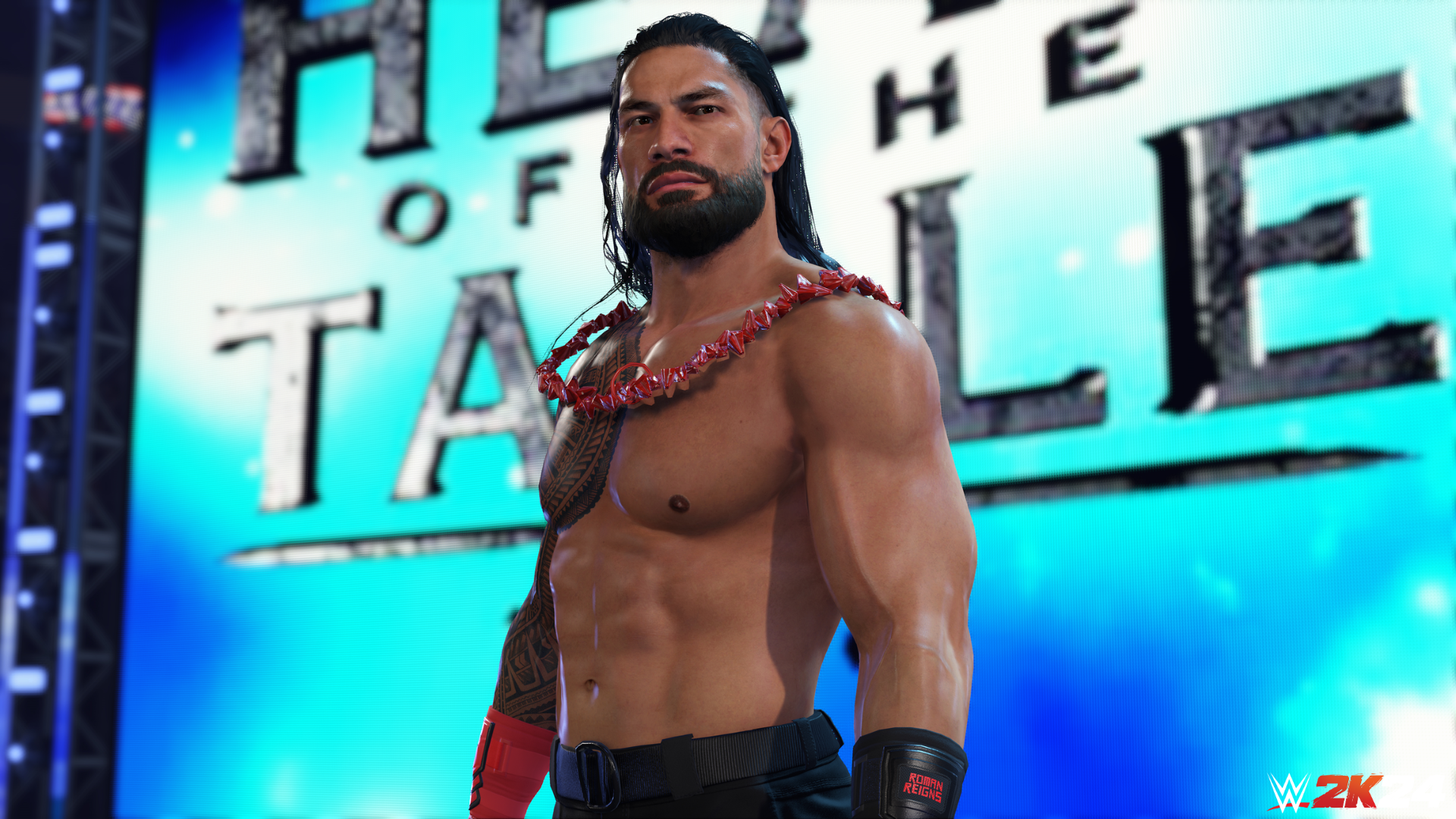 High-definition desktop wallpaper featuring a wrestler from WWE 2K24 video game with the slogan 'Head of the Table' in the background.