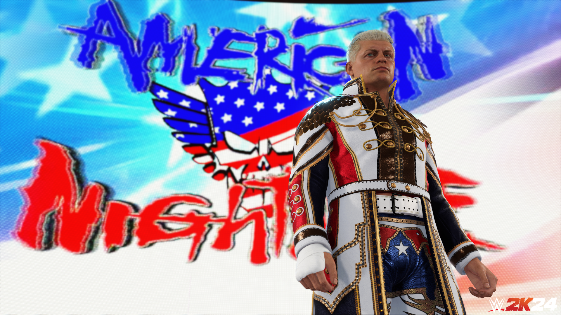 HD WWE 2K24 video game desktop wallpaper featuring a wrestler in elaborate attire with American-themed graphics in the background.