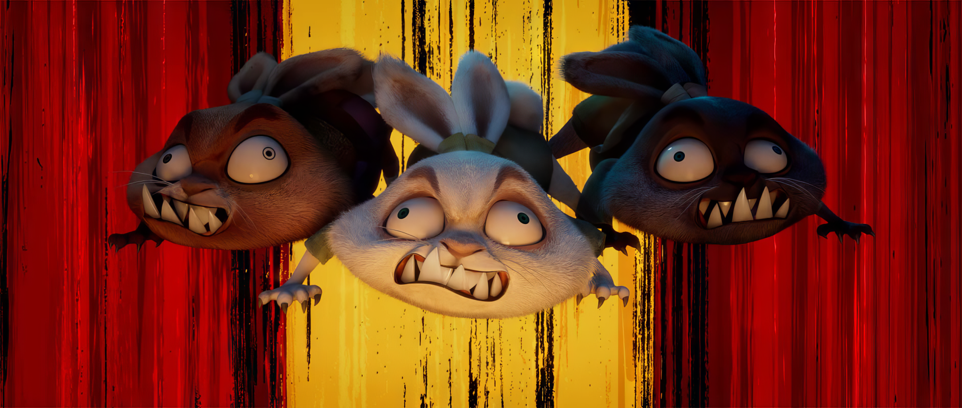 HD desktop wallpaper of animated characters from Kung Fu Panda 4 movie with a vibrant red and yellow background.