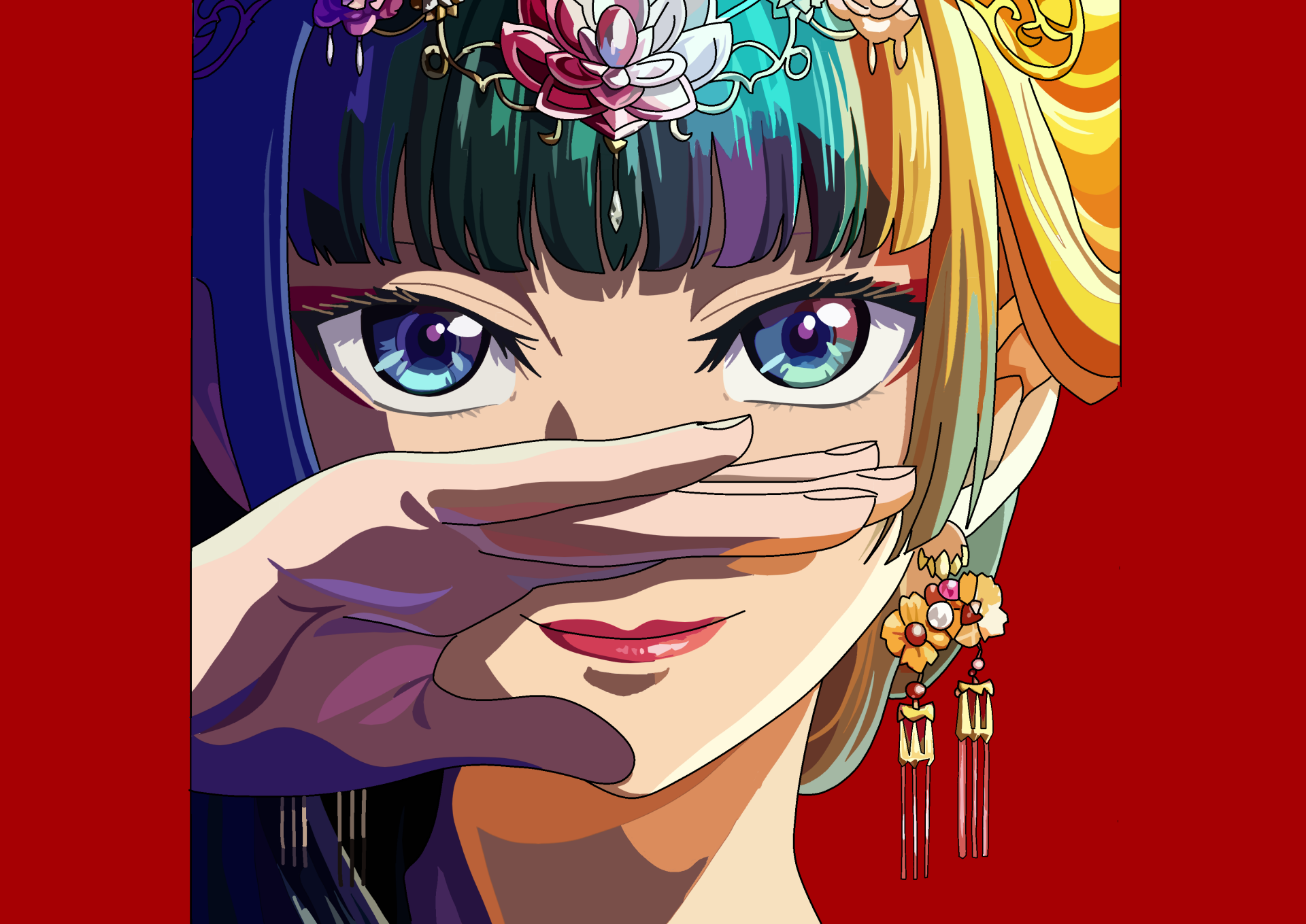 HD anime desktop wallpaper featuring Maomao from The Apothecary Diaries with vibrant multicolored hair and intricate floral hair accessories against a bold red background.