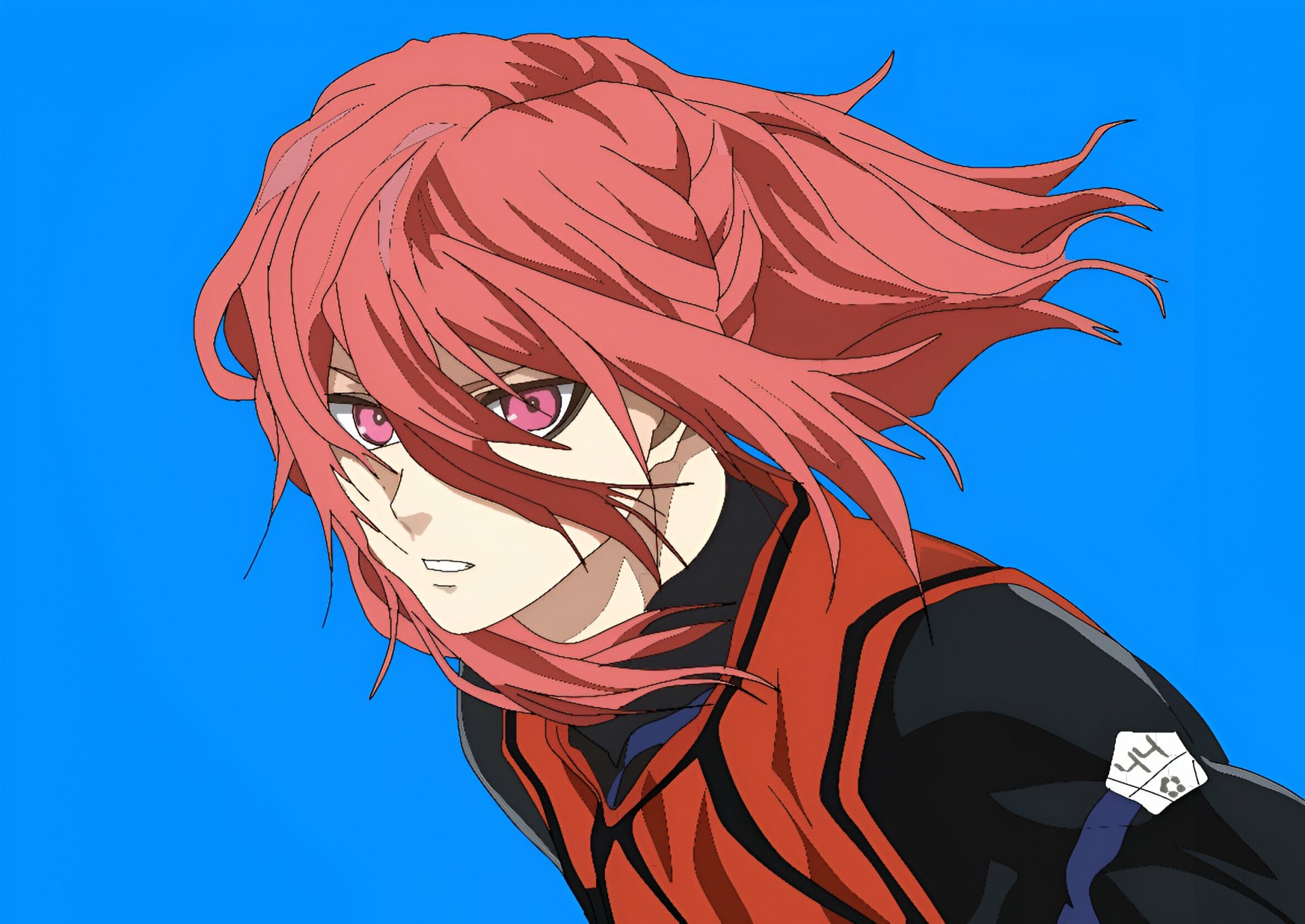 HD PC desktop wallpaper featuring an anime character with red hair and intense eyes from Blue Lock, showcasing dynamic motion and vivid colors.
